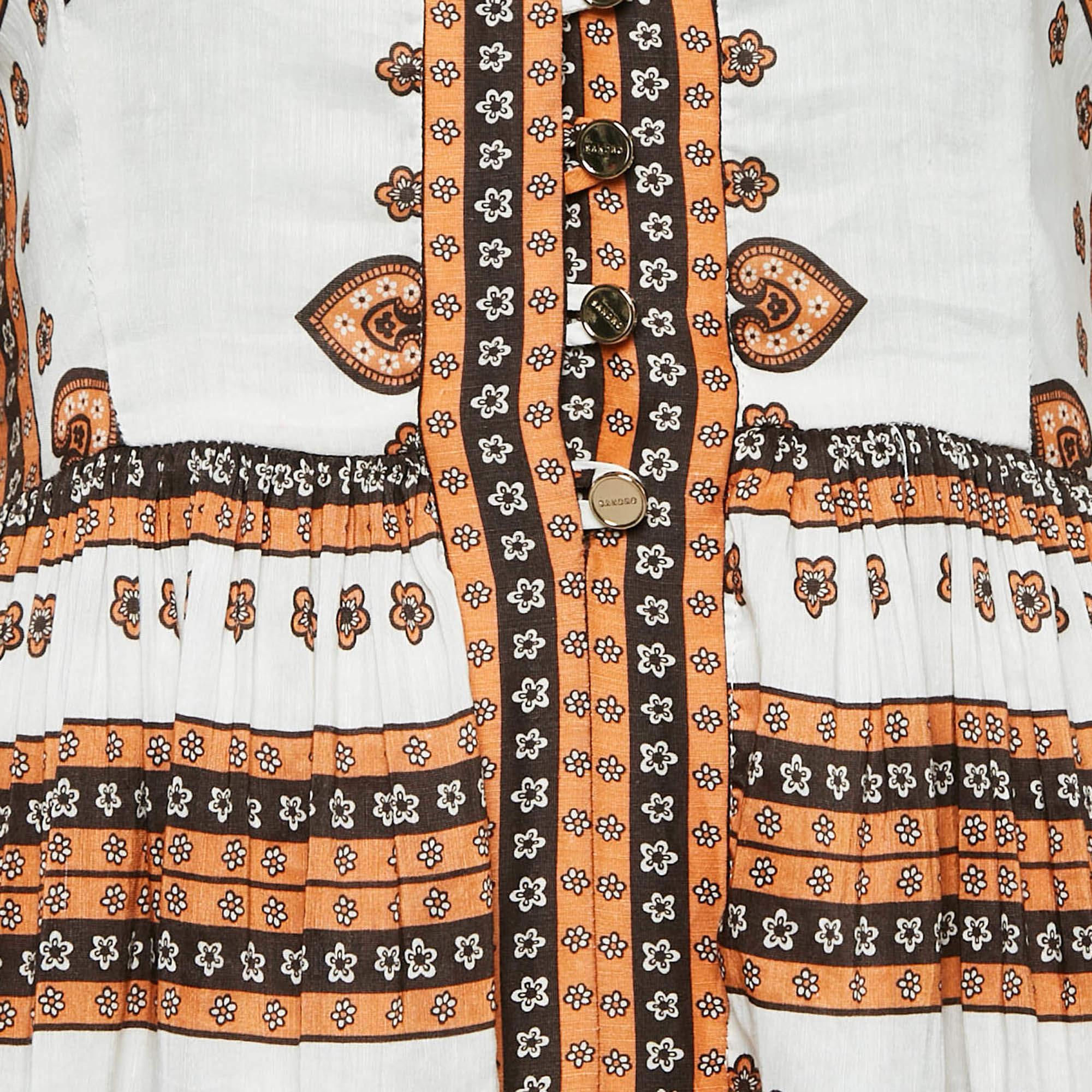 Sandro White Printed Linen Blend Ramata Mini Dress S In Good Condition For Sale In Dubai, Al Qouz 2
