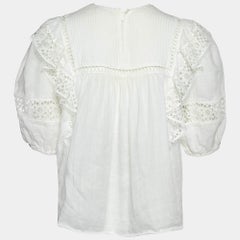 Sandro White Ramie Lace Trim Ruffled Top L