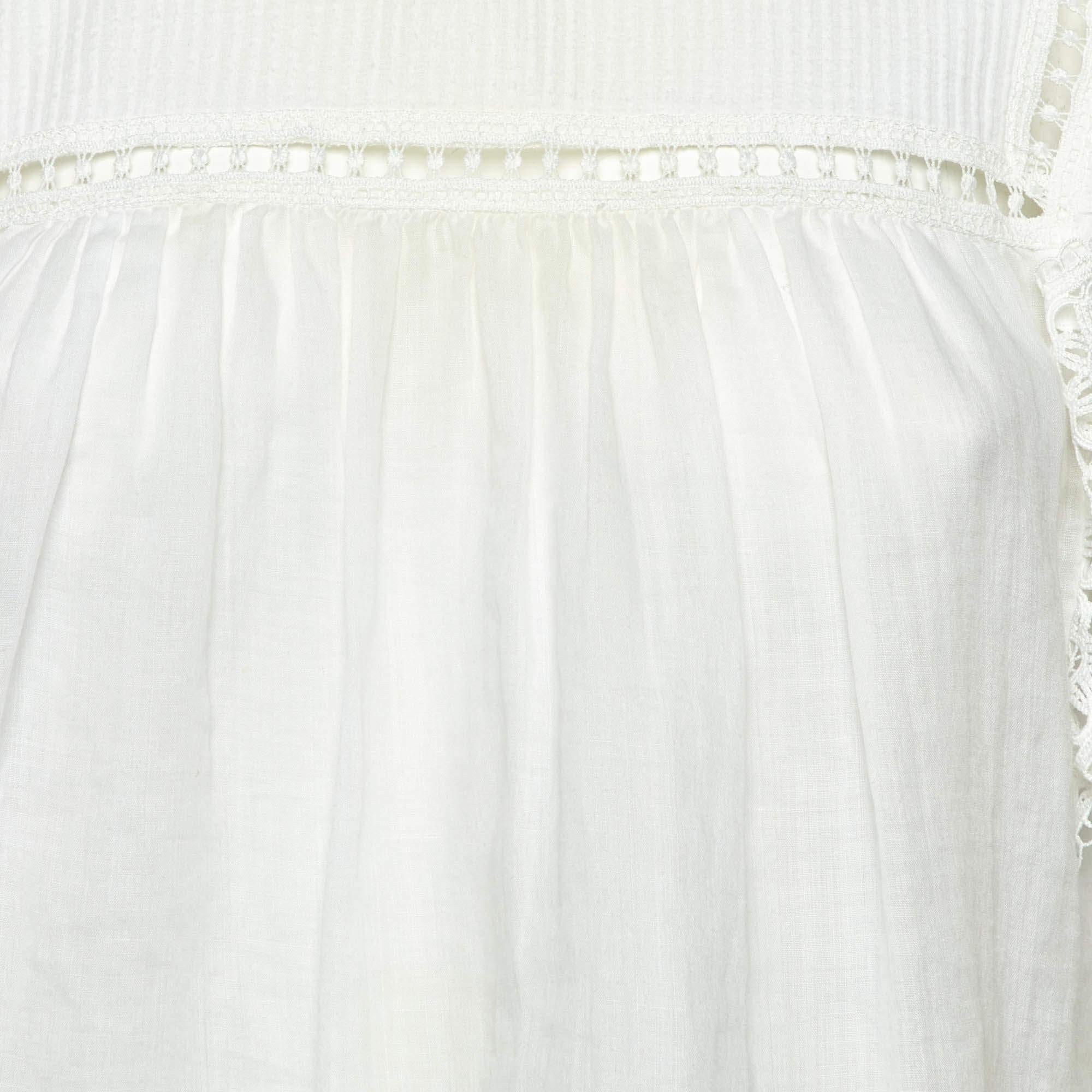 Sandro White Ramie Lace Trim Ruffled Top L For Sale 1
