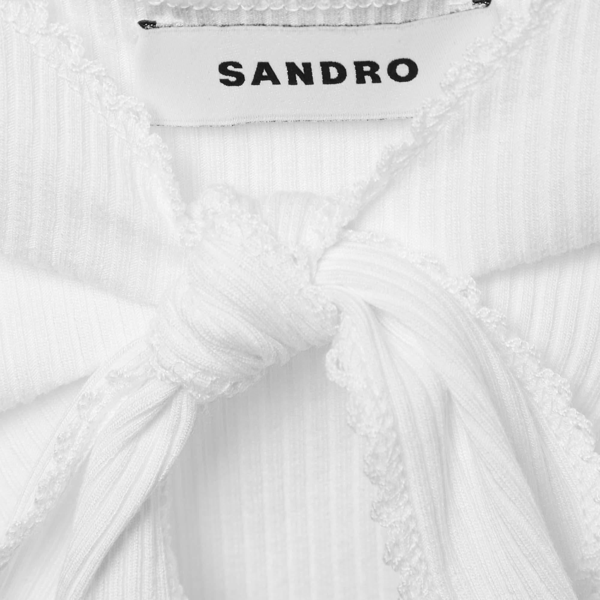 Sandro White Rib Knit Knotted Neck Sleeveless Top S In Good Condition For Sale In Dubai, Al Qouz 2