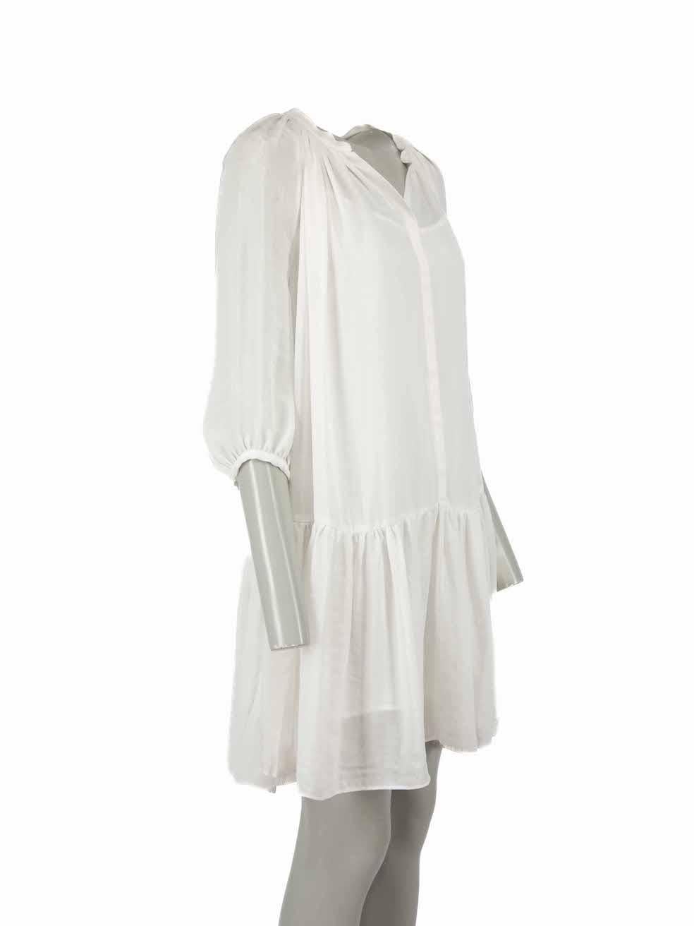 CONDITION is Very good. Hardly any visible wear to dress is evident on this used Sandro designer resale item.

Details
White
Polyester
Shirt dress
V-neck
Ruffle skirt
Long sleeves
Button up fastening
Sheer
Comes with slip dress

Made in Tunisia