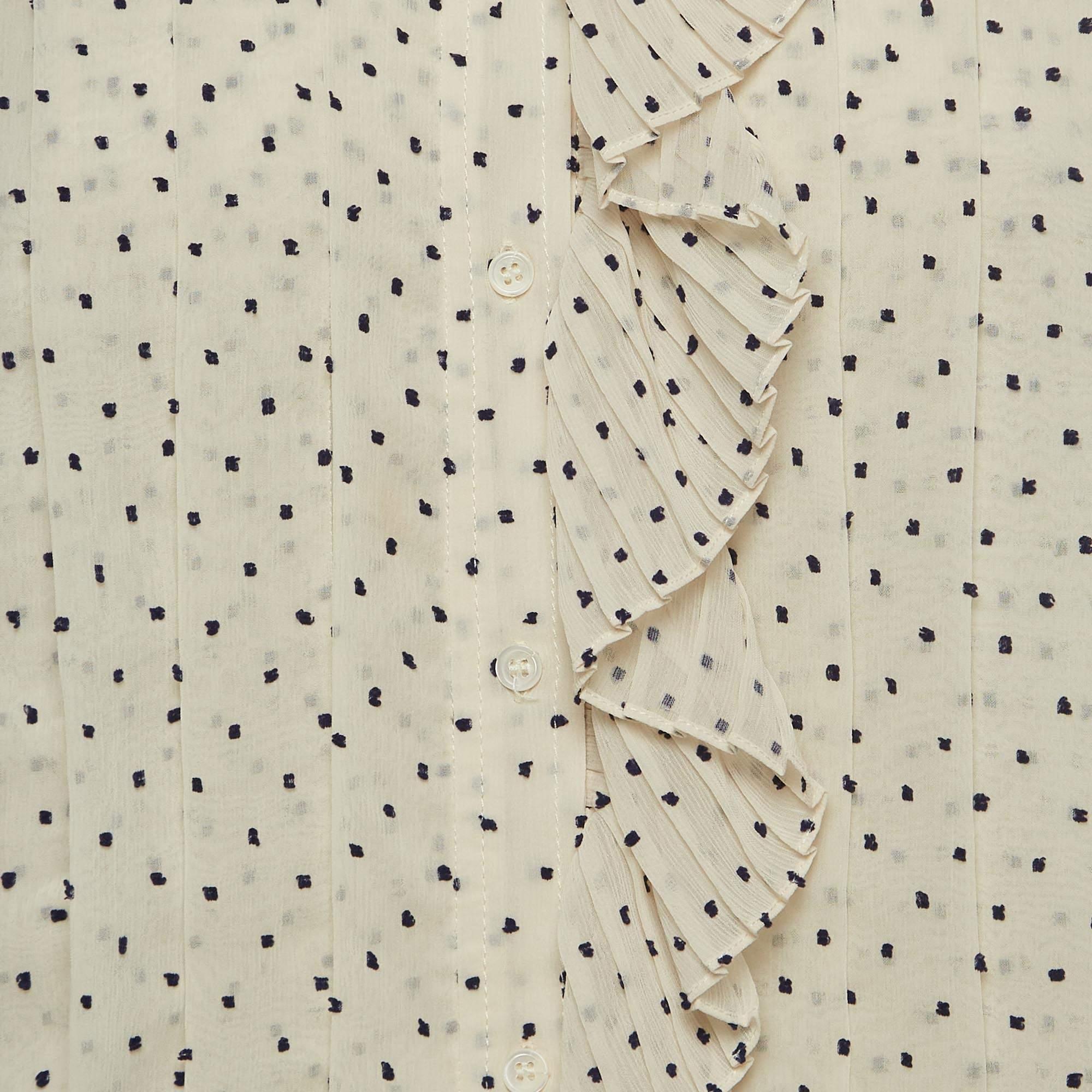 Sandro White Swiss Dots Chiffon Ruffled Shirt XS In Good Condition For Sale In Dubai, Al Qouz 2