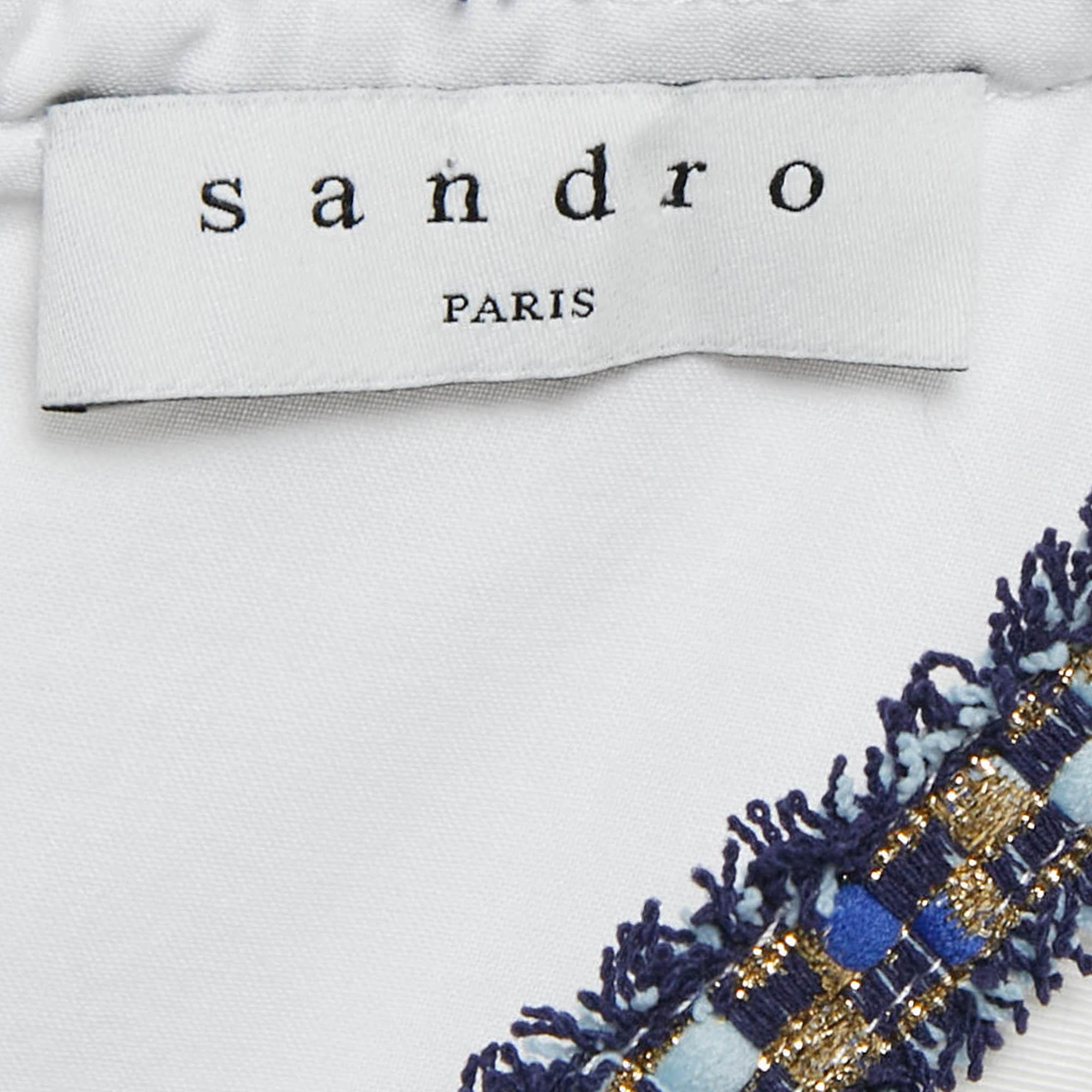 Sandro White Textured Crepe Trim Detail Mini Dress L For Sale 1