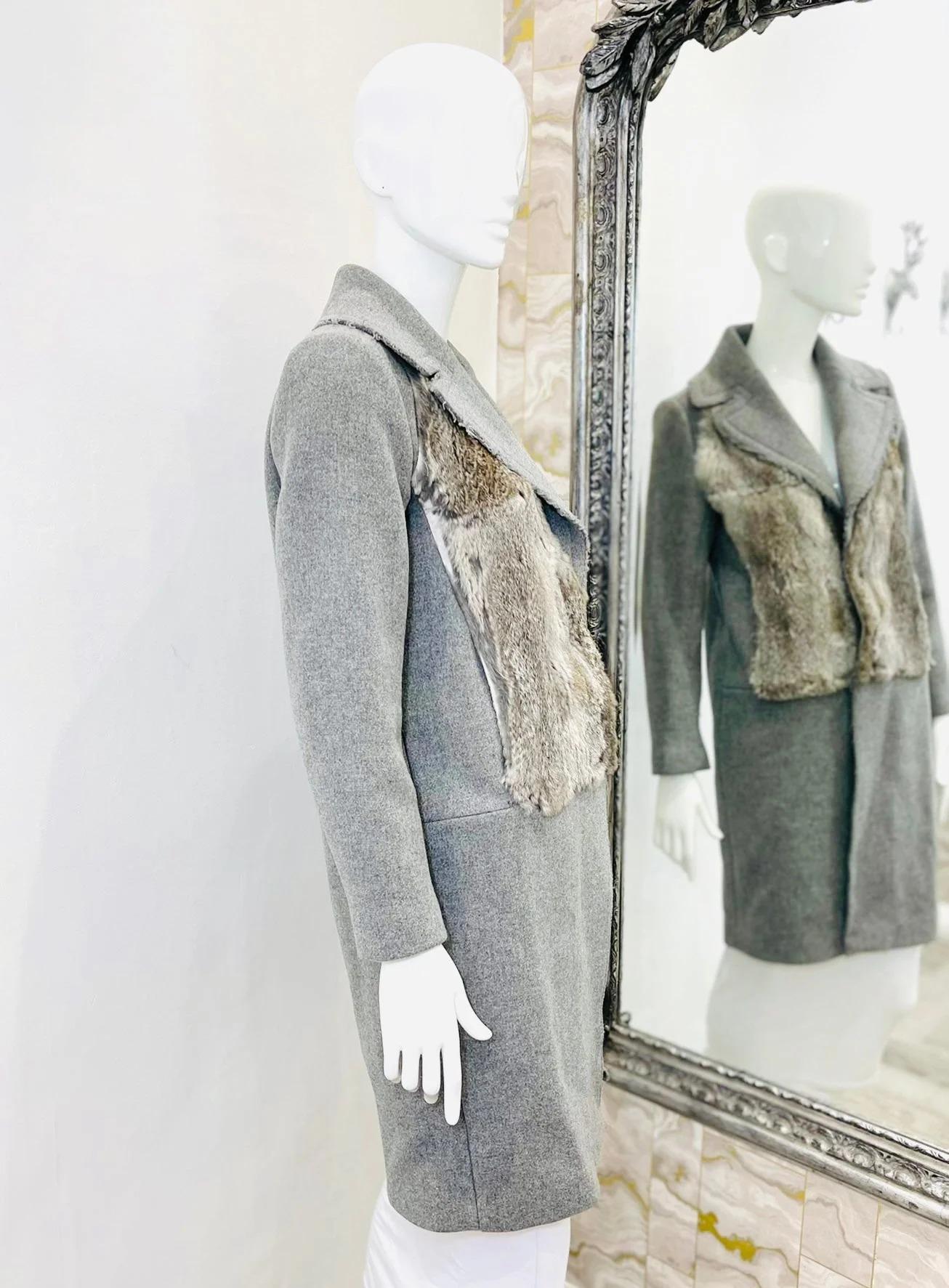 Gray Sandro Wool Coat With Rabbit Fur Front For Sale