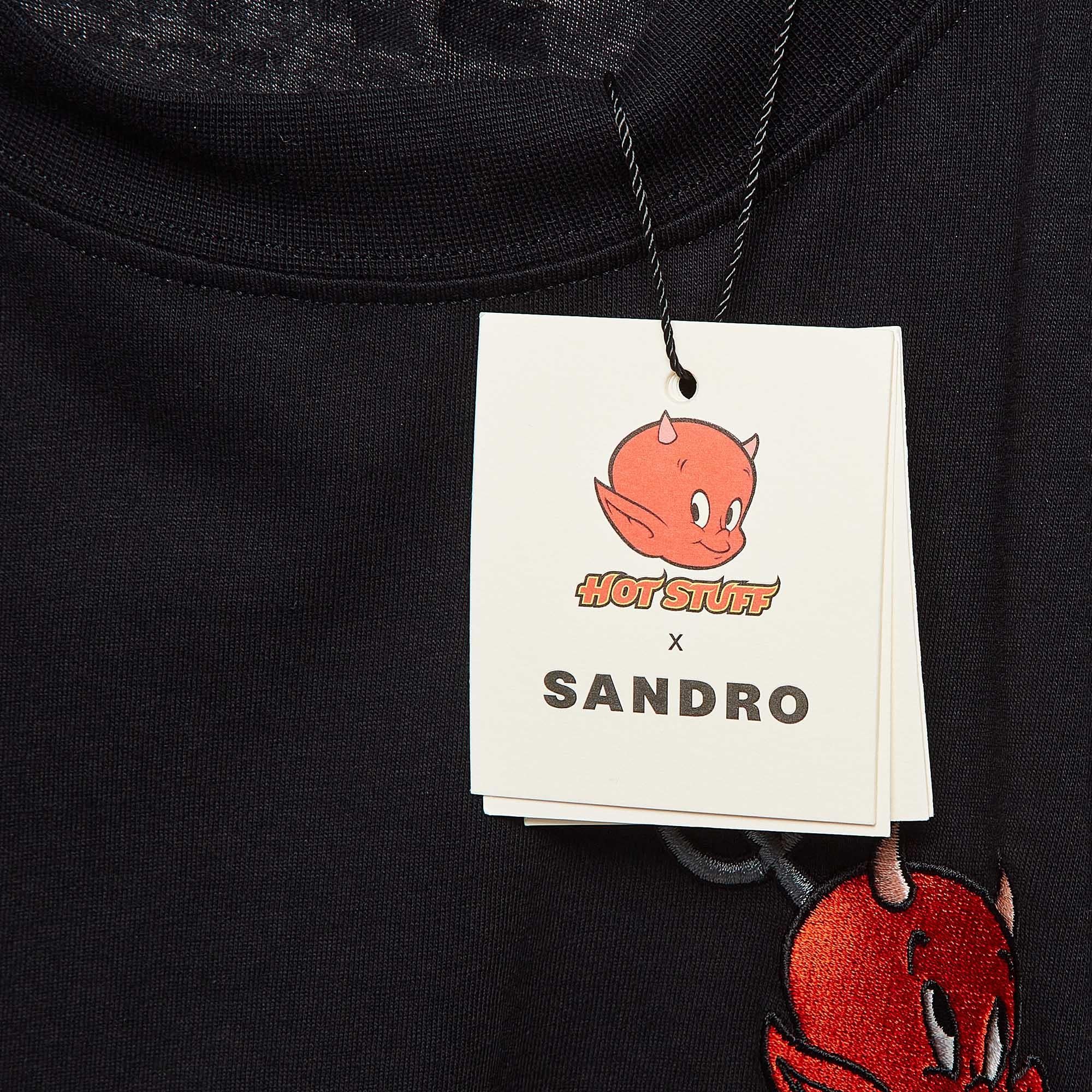 Sandro x Hot Stuff Black Embroidered Crew Neck T-shirt L For Sale 1