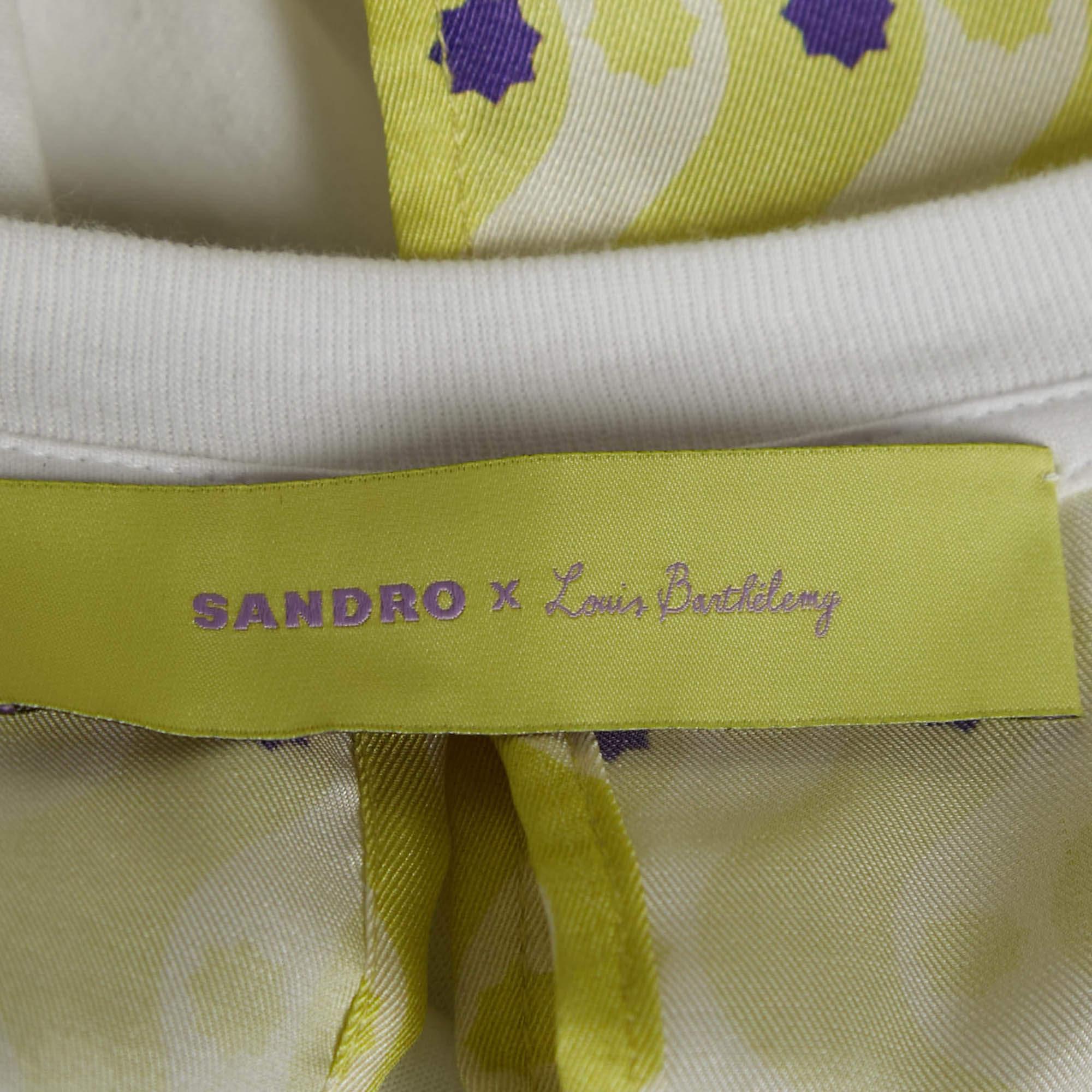 Sandro x Louis Barthelemy Top Dimi in maglia di cotone e raso stampato bianco/giallo M. I. In condizioni buone in vendita a Dubai, Al Qouz 2