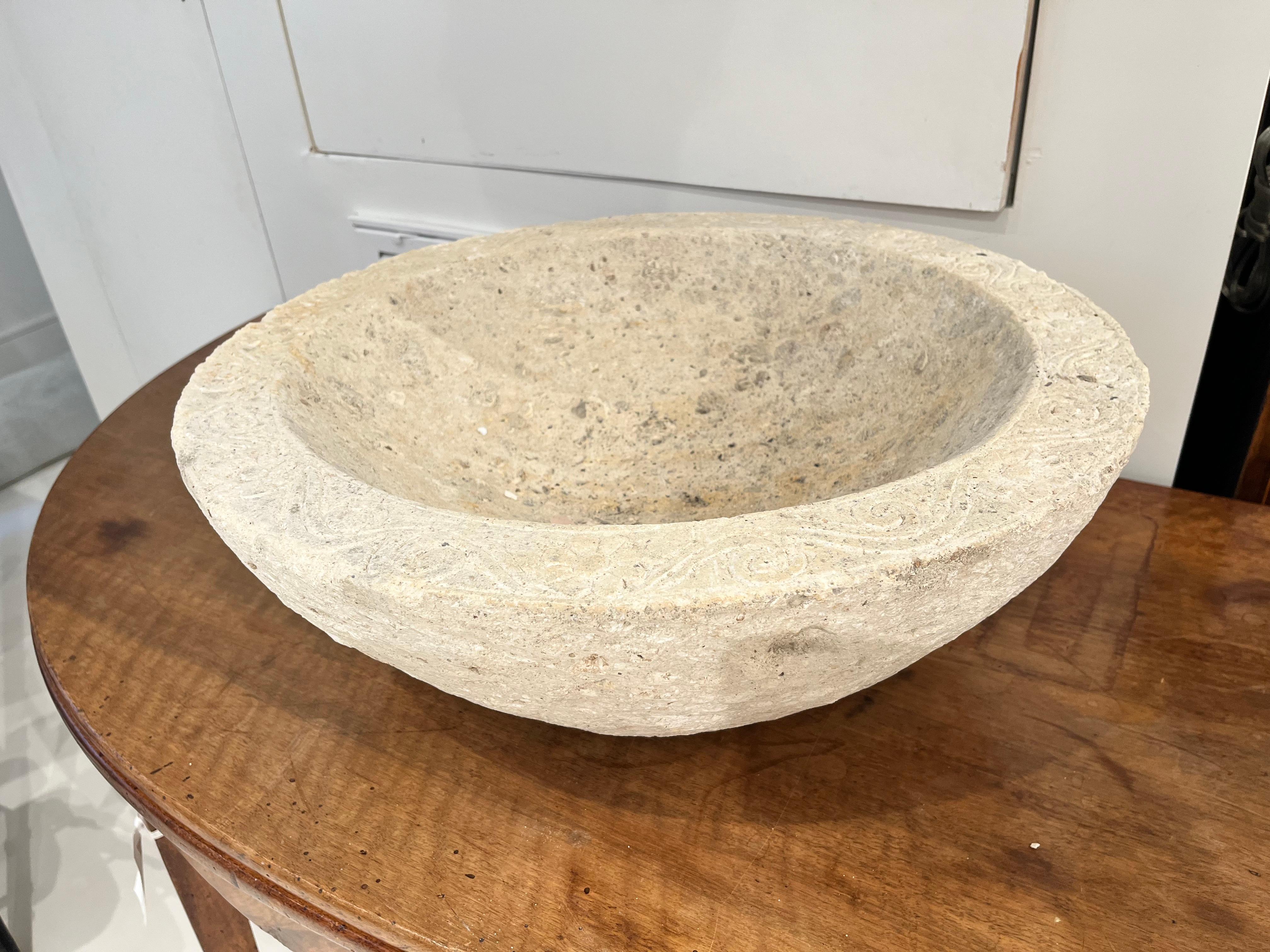 European Sandstone Bowl with Carving For Sale