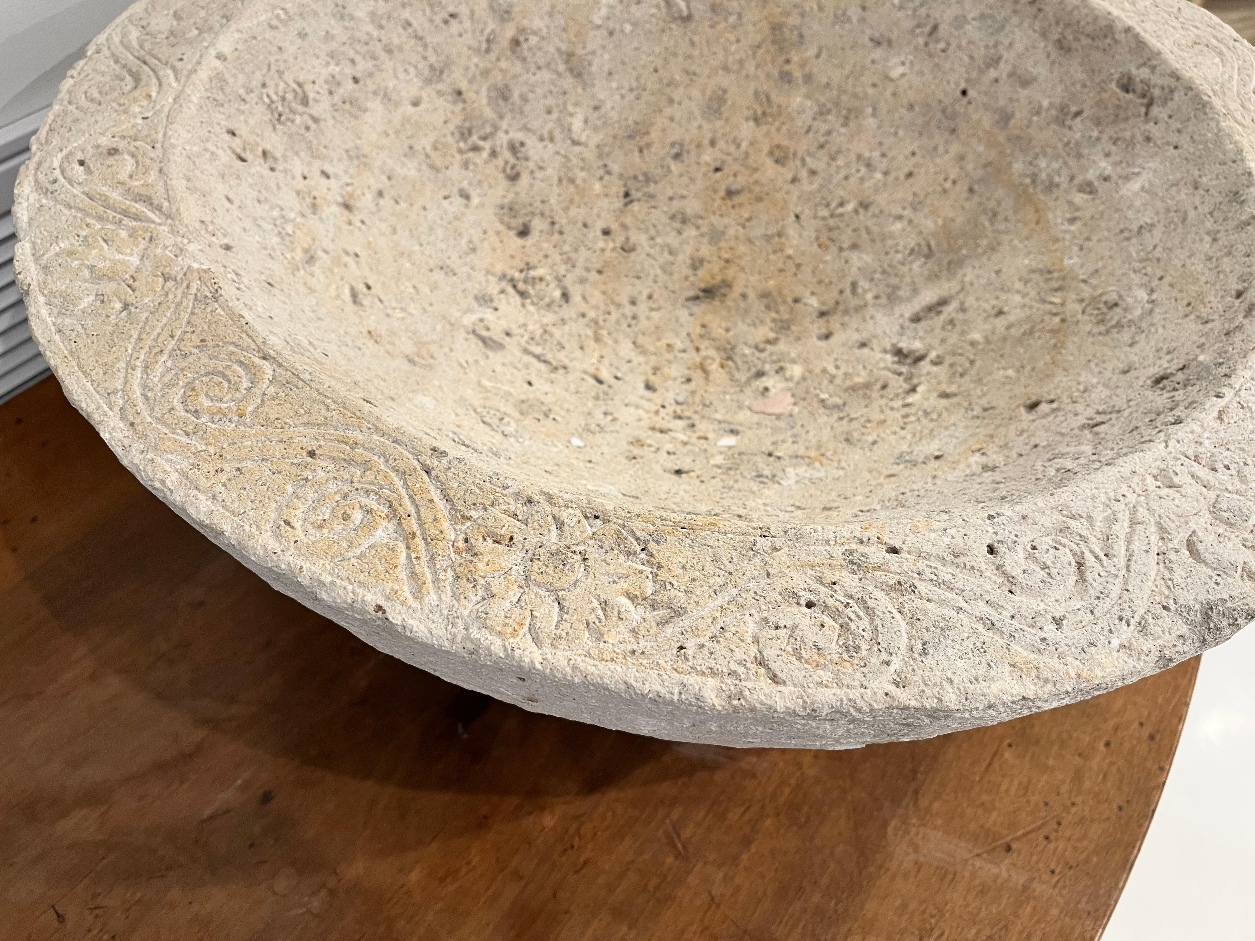 Sandstone Bowl with Carving In Good Condition For Sale In New Orleans, LA