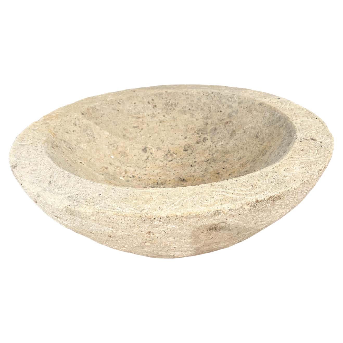 Sandstone Bowl with Carving For Sale