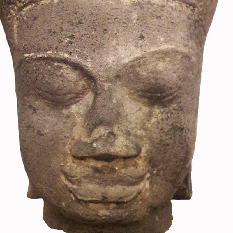 Sandstone Buddha Head Sculpture on a Stand, from Cambodia at 1stDibs