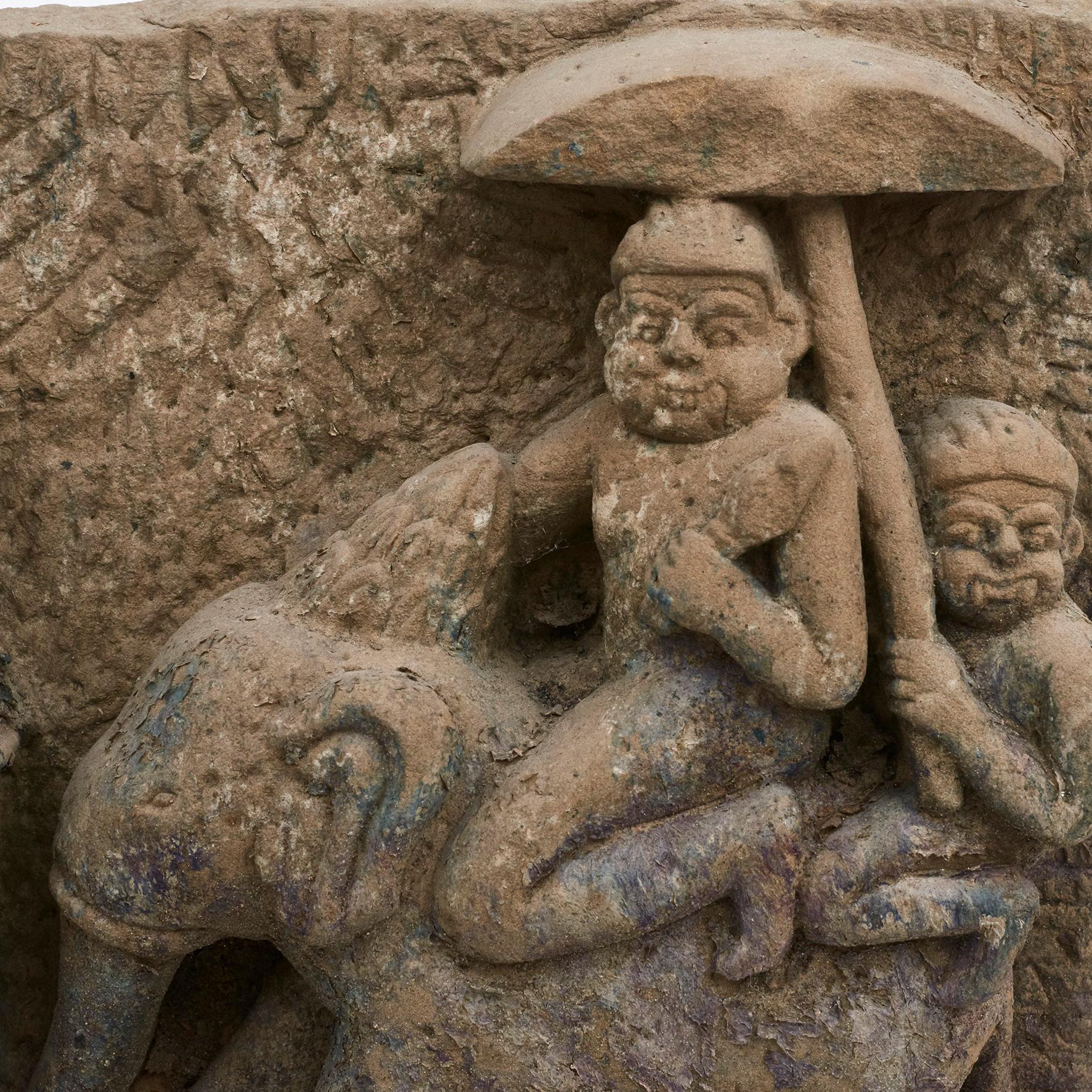 Hand-Carved Sandstone Carving of Two Demons Riding an Elephant, Burma 15-16'th Ctr For Sale