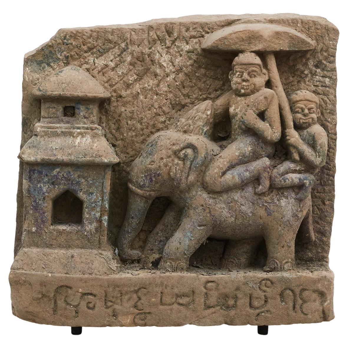 Sandstone Carving of Two Demons Riding an Elephant, Burma 15-16'th Ctr