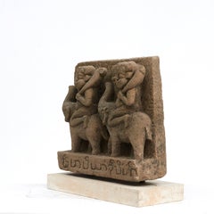 Sandstone Carving of Two Demons Riding on Elephants