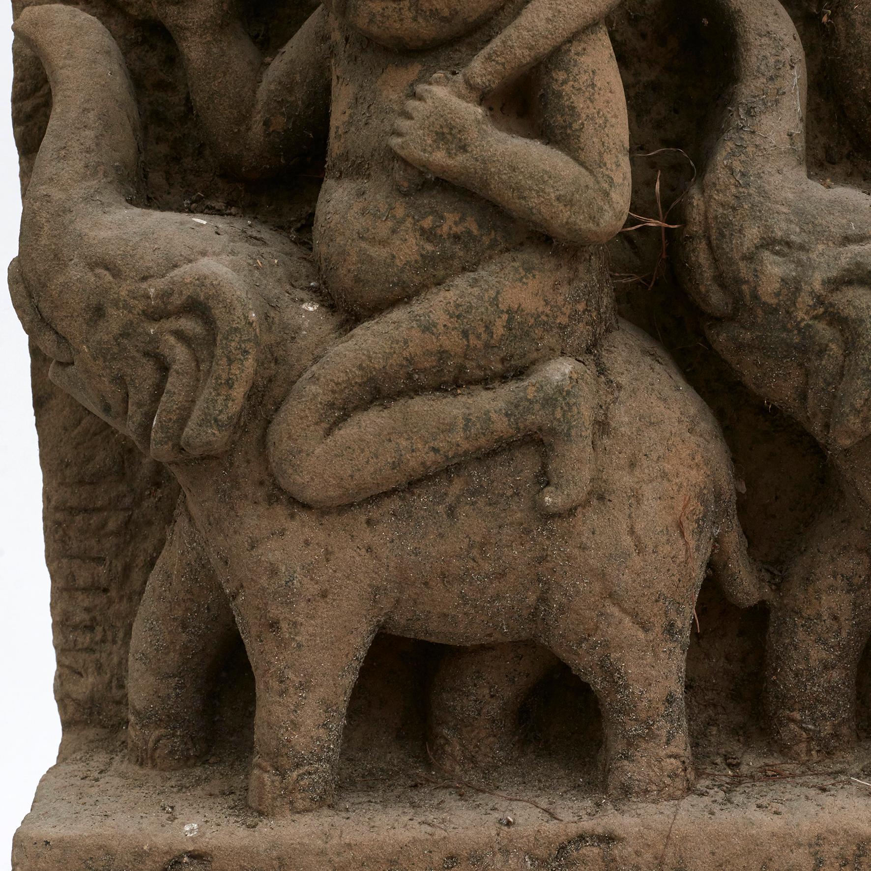 Burmese Sandstone Carving of Two Demons Riding on Elephants For Sale