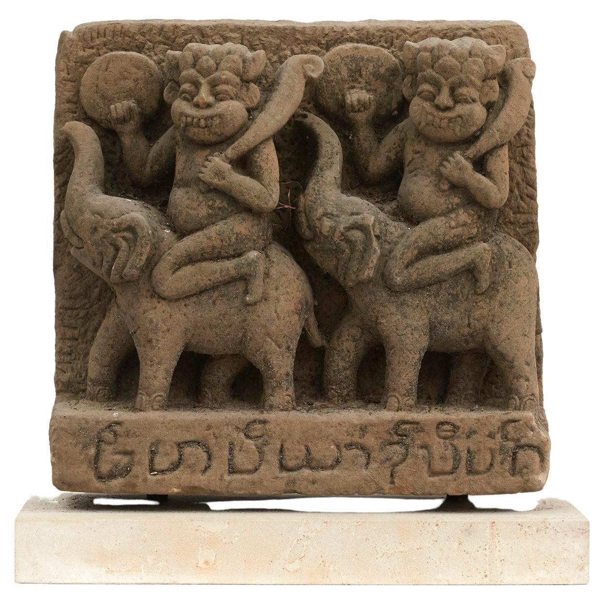 Sandstone Carving of Two Demons Riding on Elephants For Sale