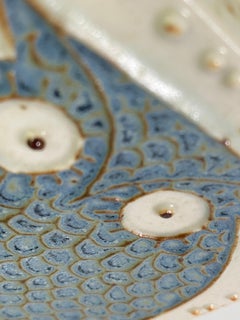 Sandstone Mid-Century Scandinavian Vase, with Cat Decor Pattern, Blue and White