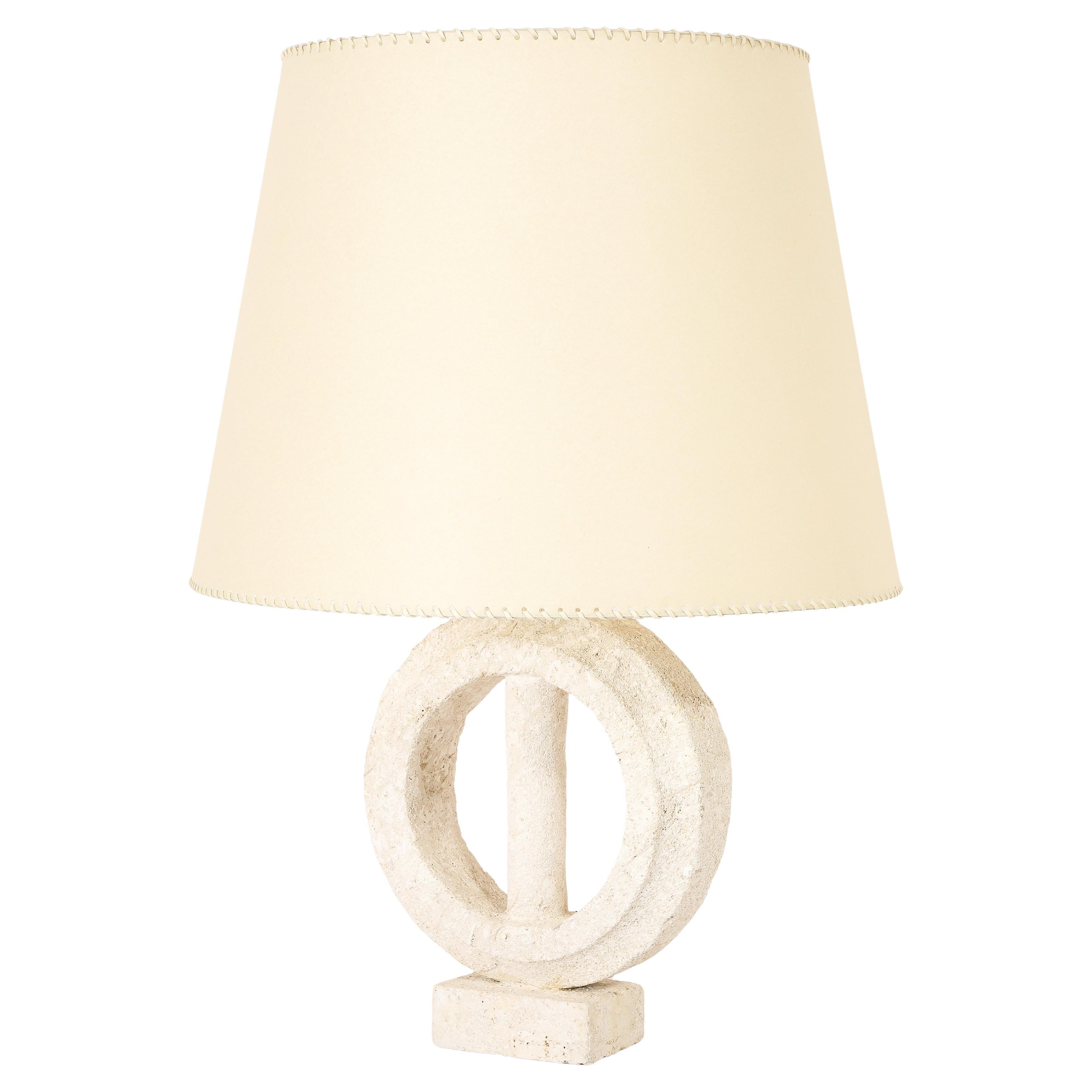 Sandstone “Pierced Ring” Lamp, France 1950
s For Sale