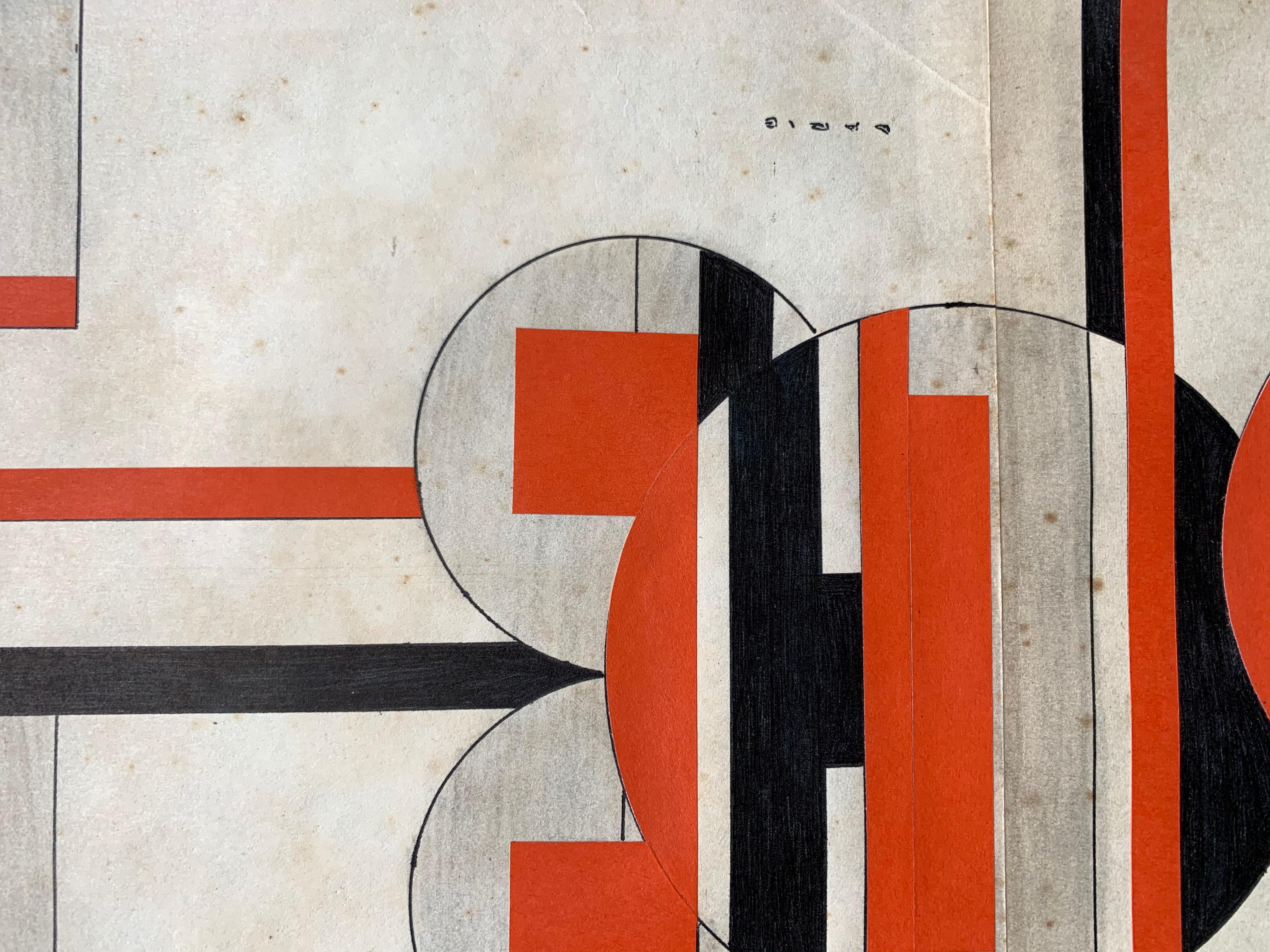 Abstract geometric composition by Cuban artist, Sandu Darie (1908-1991). Untitled, ca. 1960. Ink, paint and paper collage on folded paper sheet measuring 9 x 29 inches. Framed measurement: 16 x 36.5 inches. Signed in multiple areas. The piece is