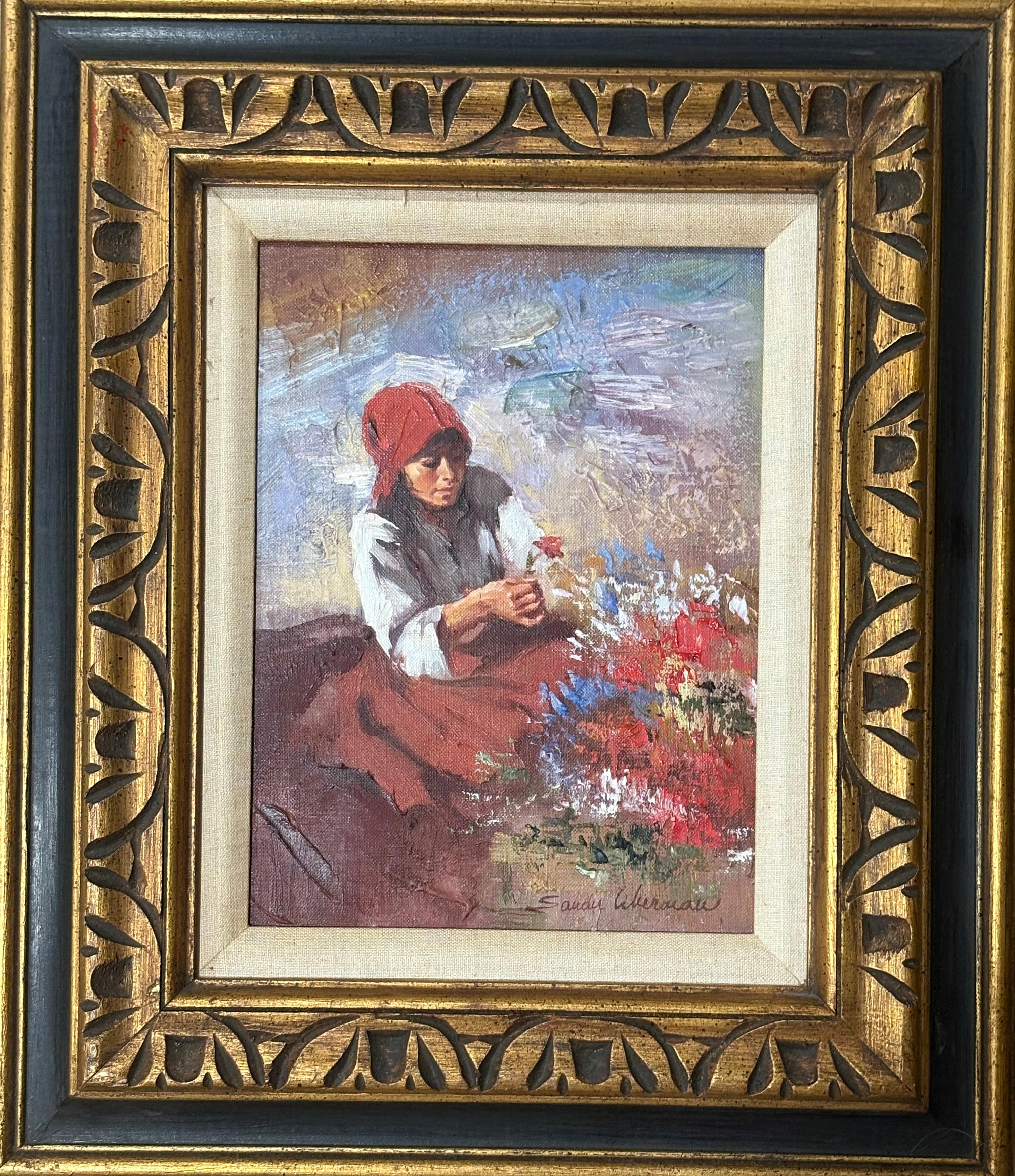 “Girl with flowers” - Painting by Sandu Liberman
