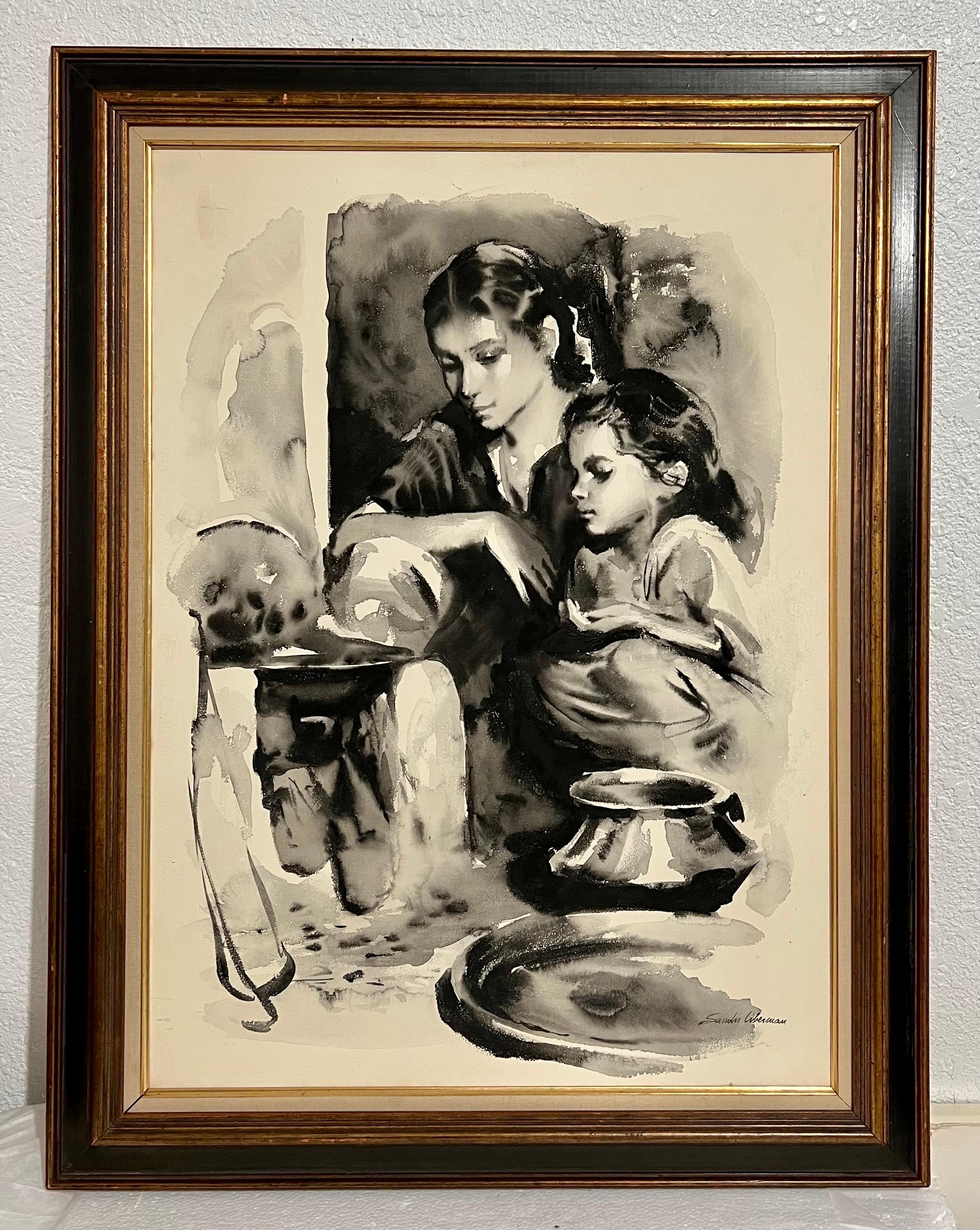 Large Gouache Original Painting Mother & Daughter Sandu Liberman Israeli Judaica For Sale 1