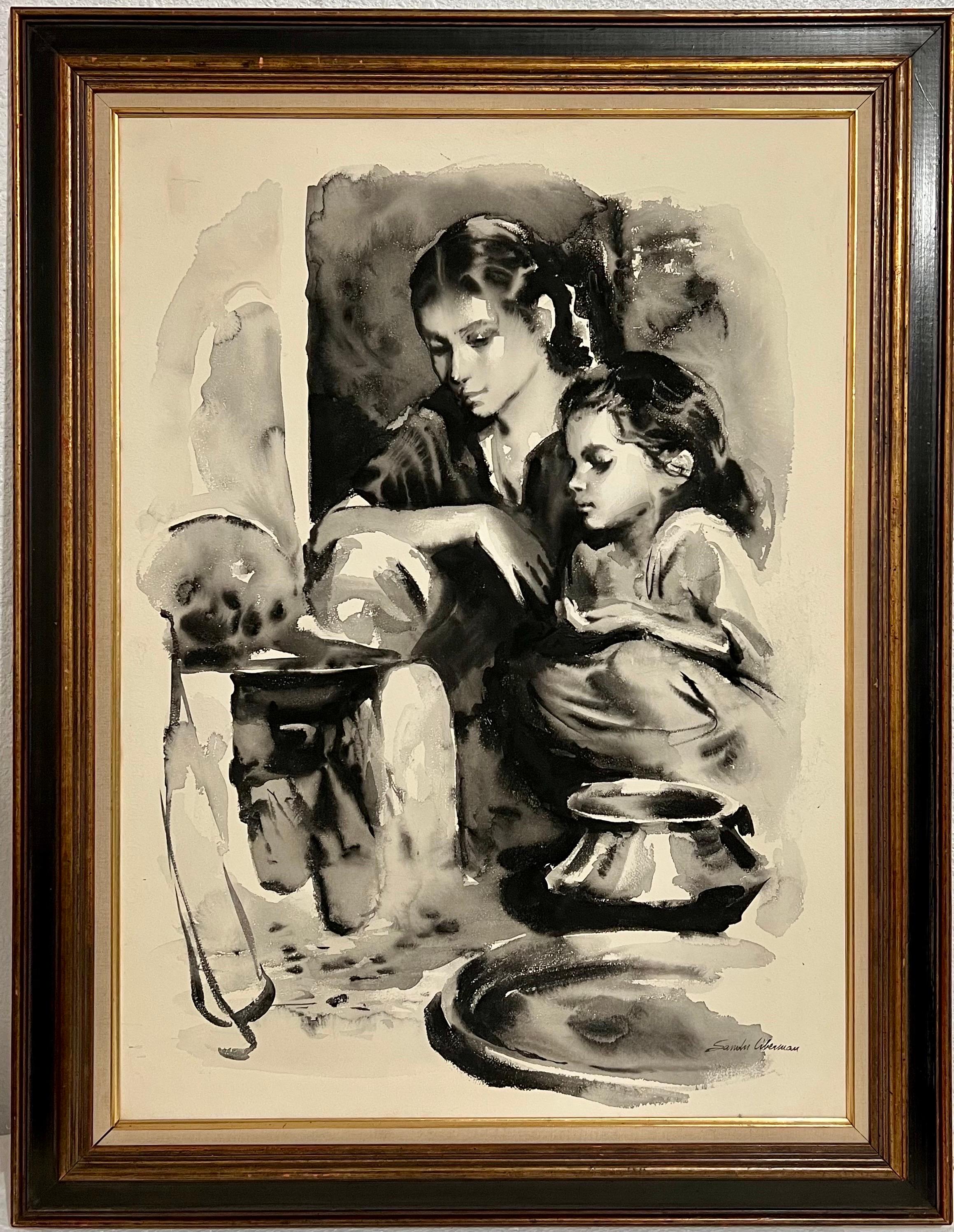 Large Gouache Original Painting Mother & Daughter Sandu Liberman Israeli Judaica For Sale 2