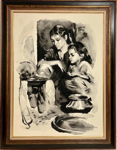Vintage Large Gouache Original Painting Mother & Daughter Sandu Liberman Israeli Judaica