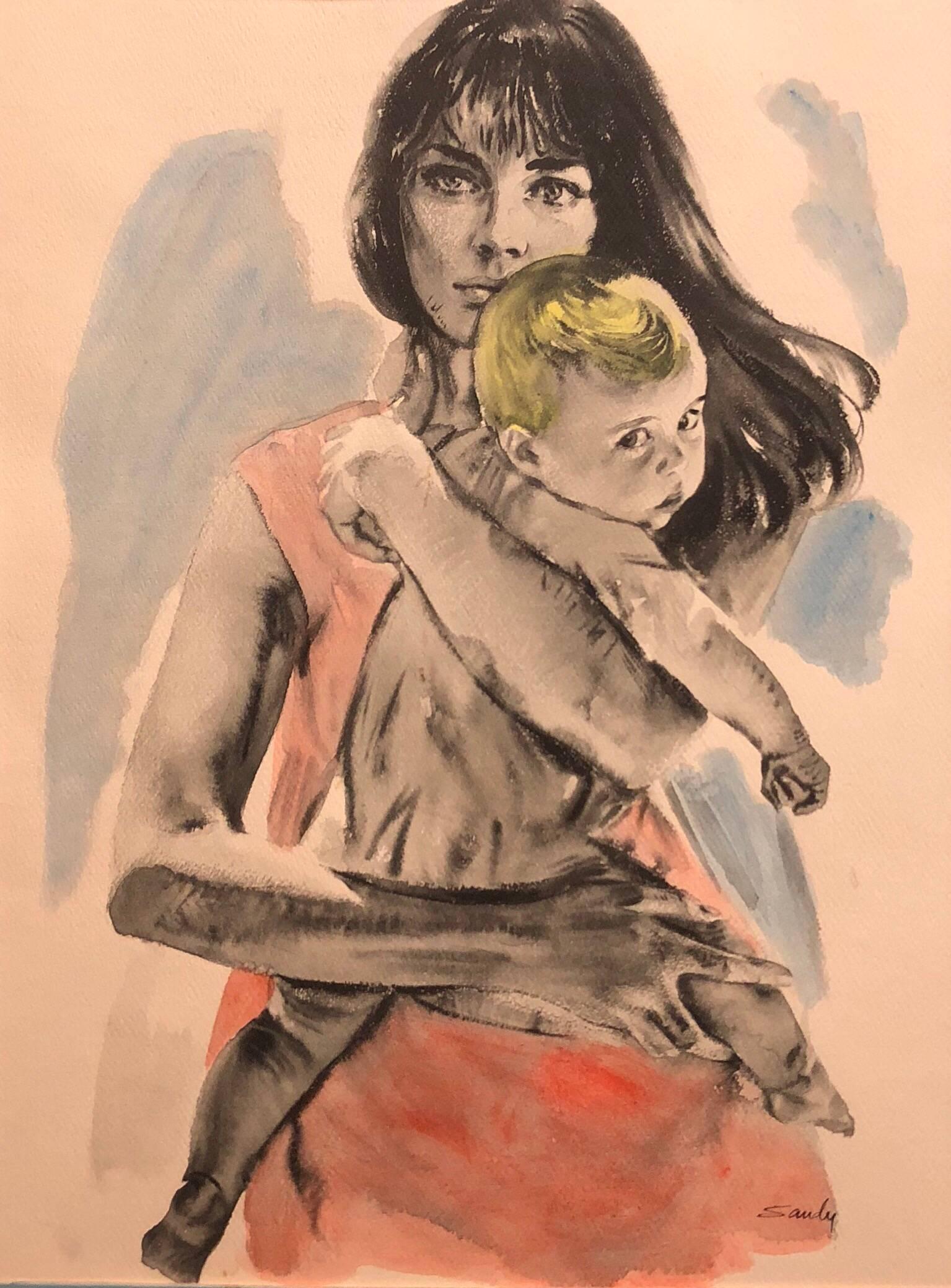 Sandu Liberman Figurative Painting - Large Gouache Painting of Mother with Baby