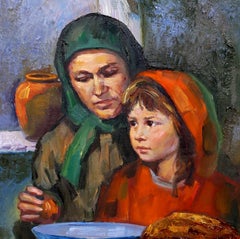 Madre e figlia, Pittura ad olio di arte moderna di Sandu Liberman