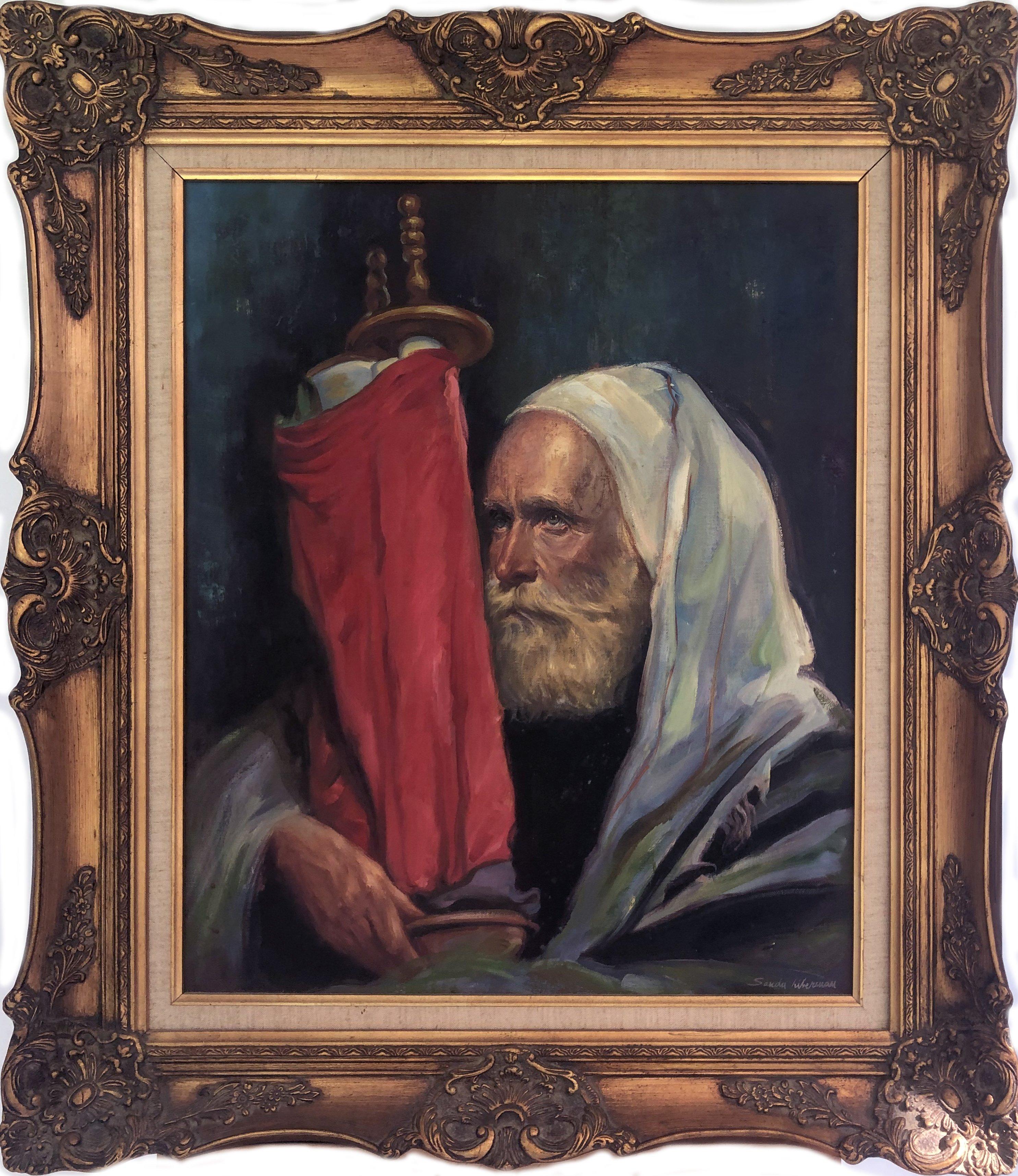 Artiste : Sandu Liberman, Roumain/Israélien (1923 - 1977)
Titre : Rabbin avec rouleau de la Torah
Année : Circa 1970
Moyen : Huile sur toile, signée et dédicacée au verso
Taille : 24 x 20 in. (60,96 x 50,8 cm)
Taille du cadre : 31 x 27