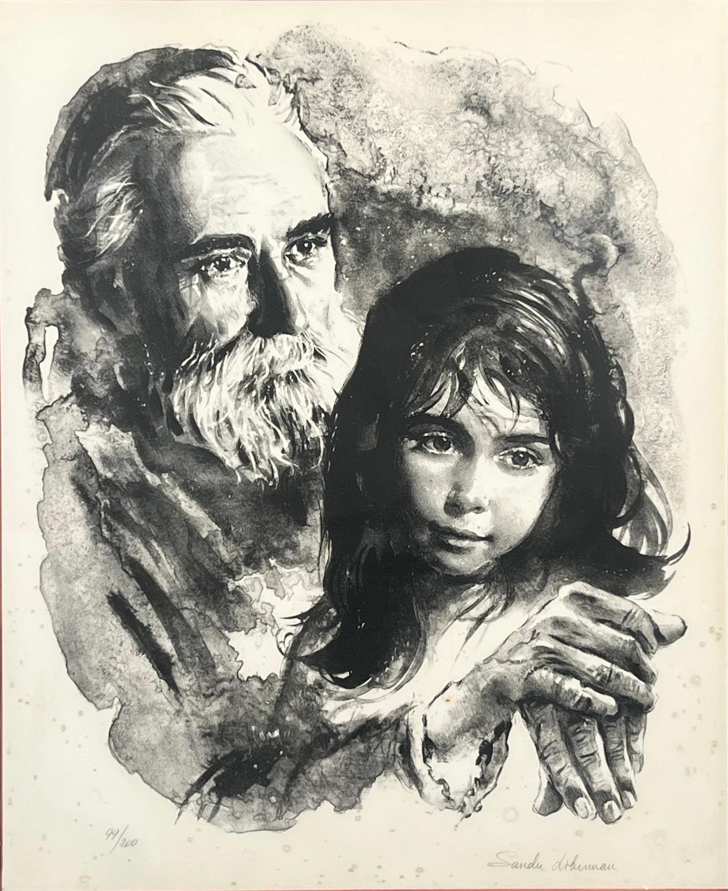 Sandu Liberman Rabbi with Young Girl Lithographie signée, numérotée et encadrée en vente 1