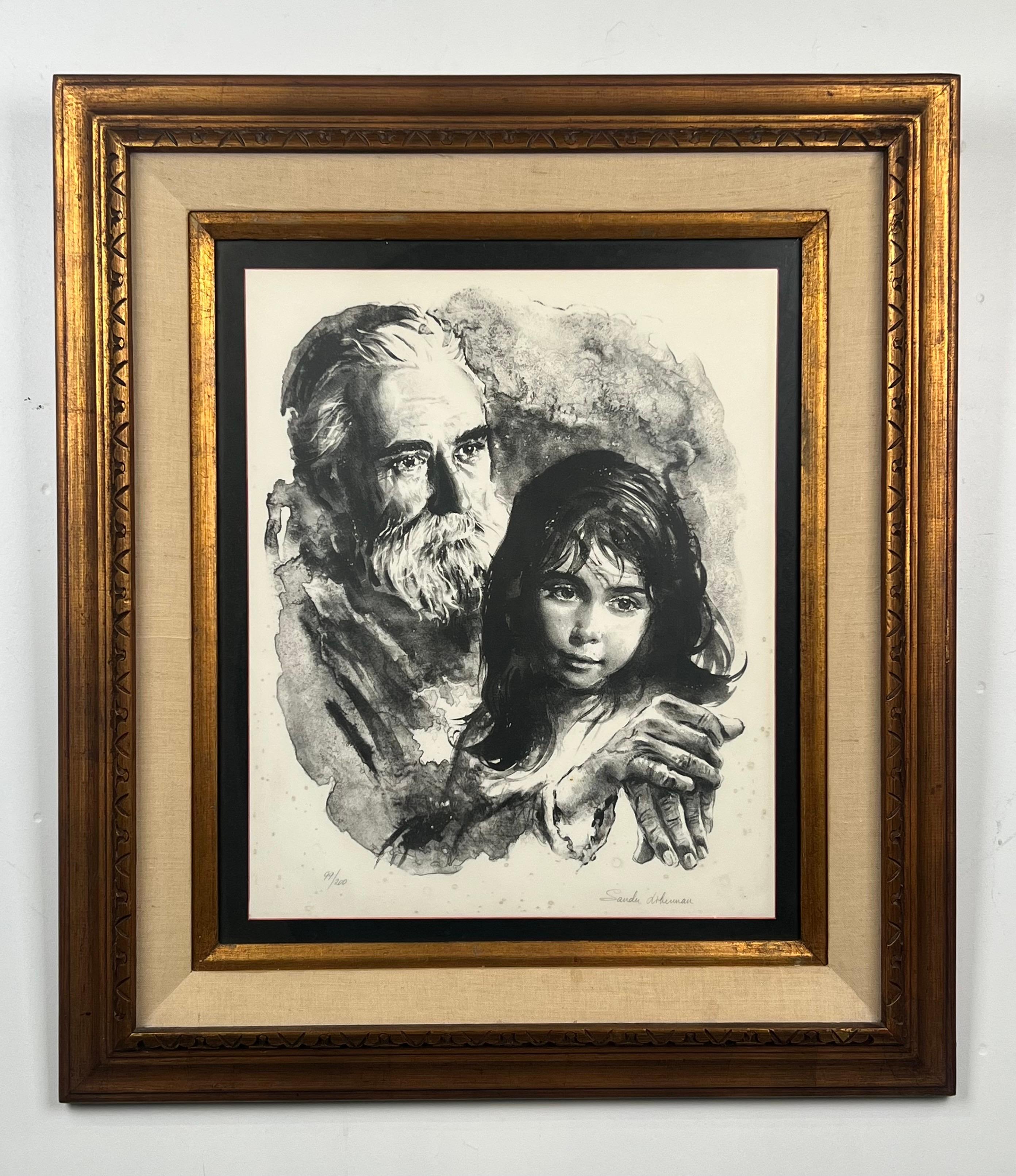 Sandu Liberman (Roumain-Israélien, 1923-1977)
Rabbin et jeune fille
Lithographie sur papier, signée et numérotée 99/200
Dans cette œuvre tendre et contemplative, Sandu Liberman capture un moment profond de connexion intergénérationnelle. Rendue en