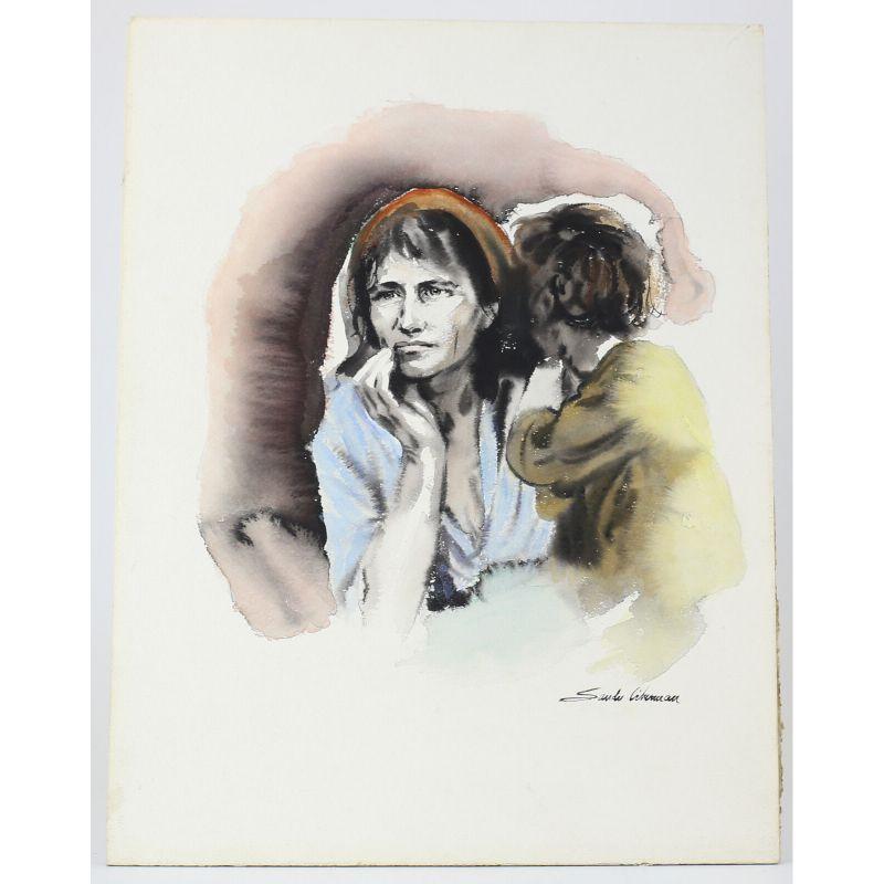 Sandu Liberman Watercolor on Paper Migrant Mother Signed

This Beautiful Painting depicts a mother holding her child close with her head in hand, displayed in muted earth tone of browns & grey with just a hint of soft brighter colors adding a