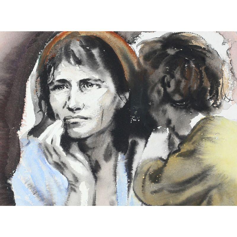 Sandu Liberman Watercolor on Paper Migrant Mother Signed In Good Condition For Sale In Gardena, CA