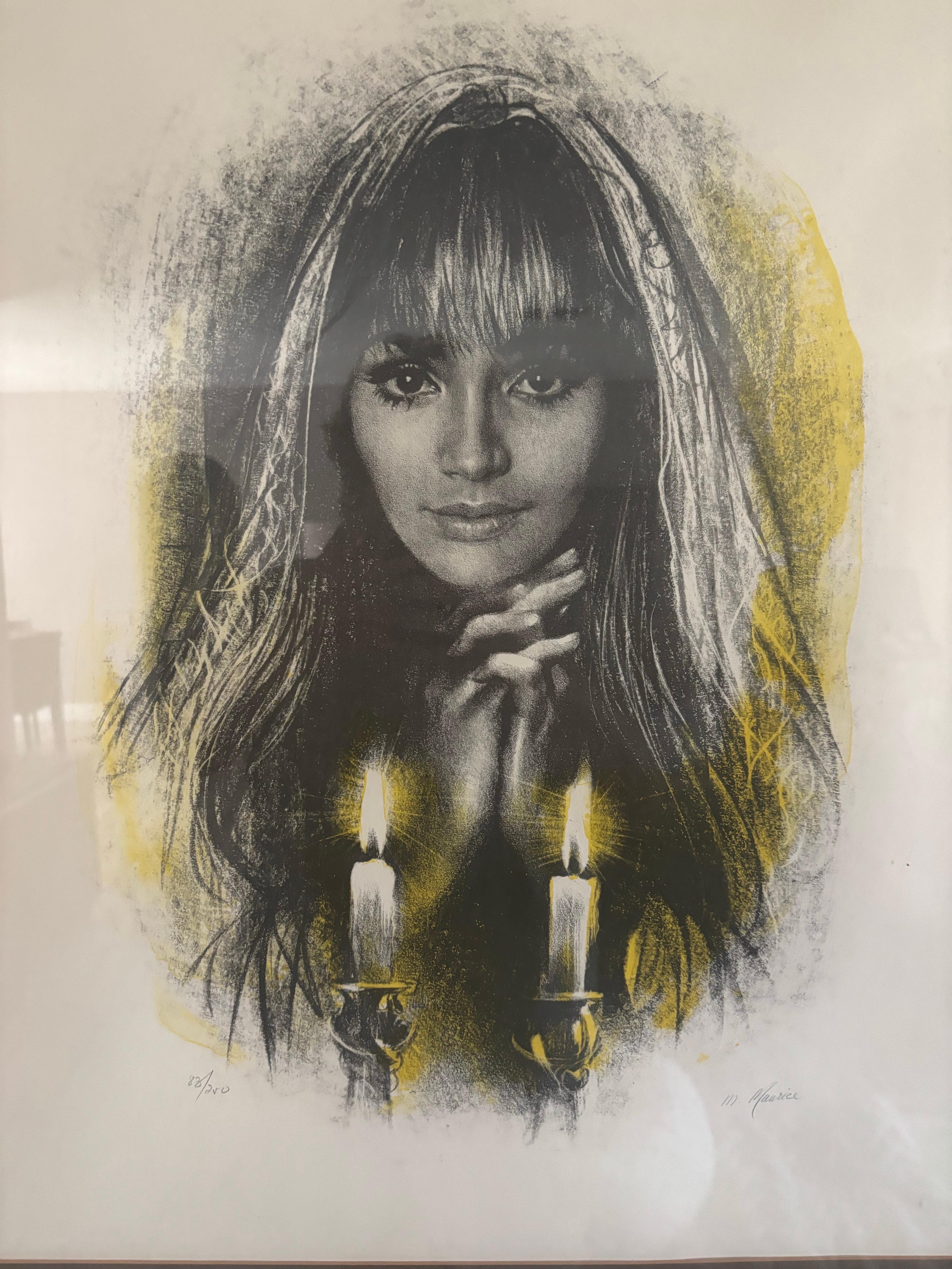 Eine schöne Lithographie einer Frau vor Schabbatkerzen von Sandu Liberman. 

M. Maurice (Sandu Liberman, rumänisch/israelisch, 1923 1977) um 1970, nummerierte zweifarbige Lithografie, die eine junge Frau vor den Schabbatkerzen zeigt, links unten mit