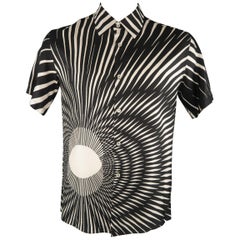 SANDY DALAL Size L Black 
White Print Silk Button Up Short Sleeve Shirt
