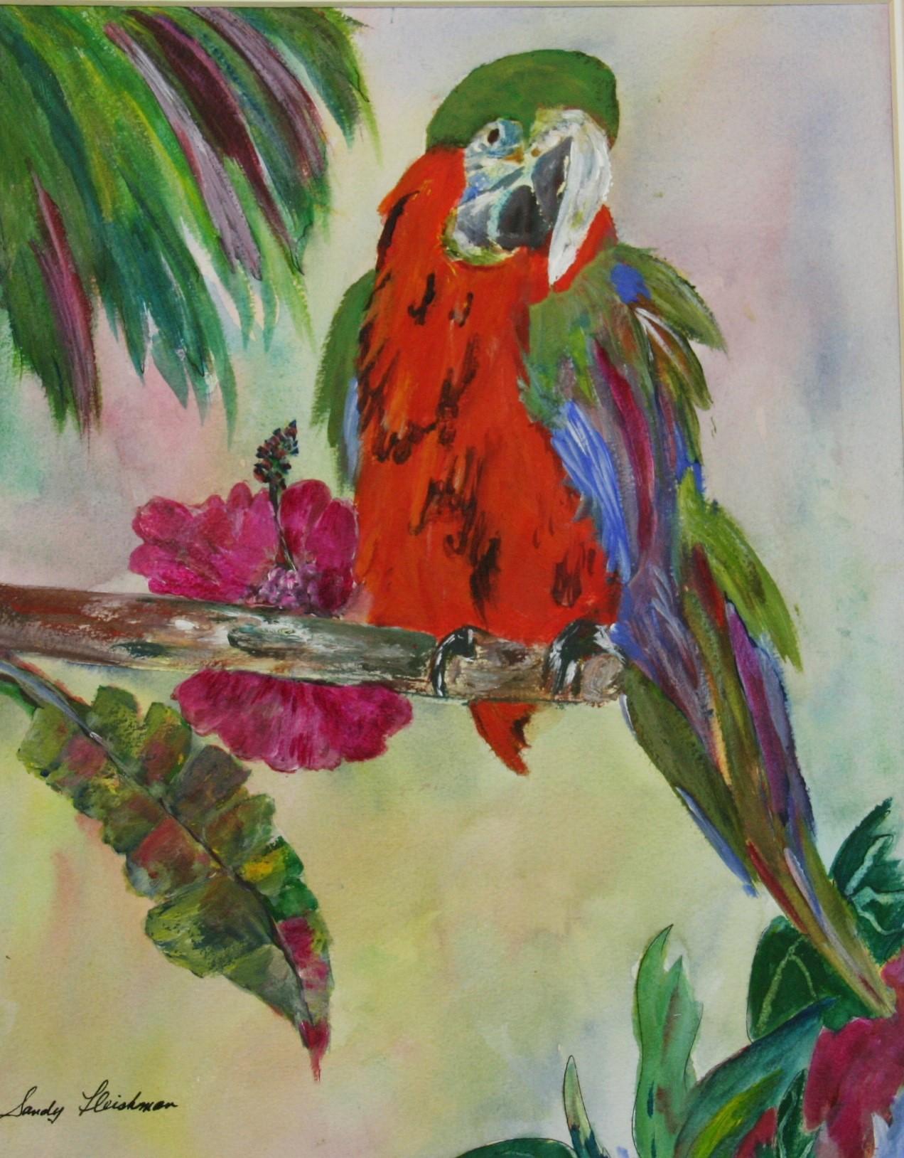 Modern Colorful Parrot Acrylic on Paper Animal Painting For Sale 1
