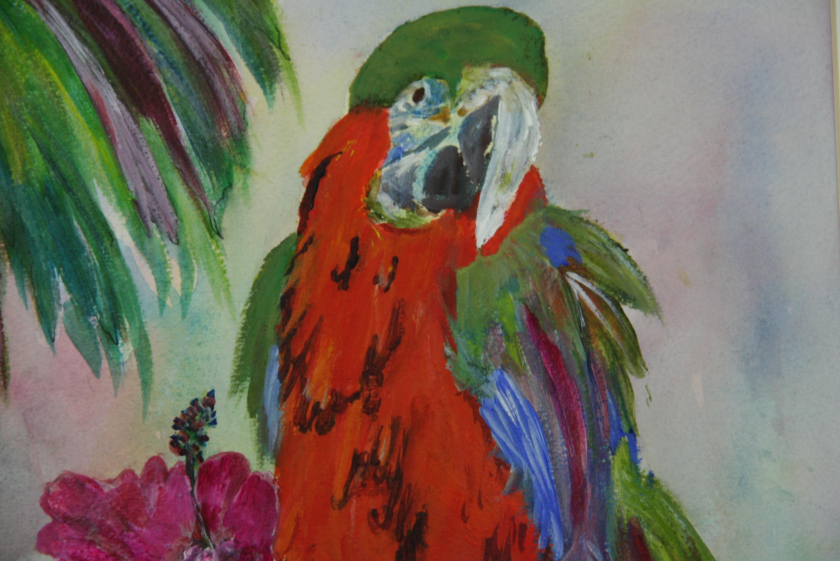 Modern Colorful Parrot Acrylic on Paper Animal Painting For Sale 2