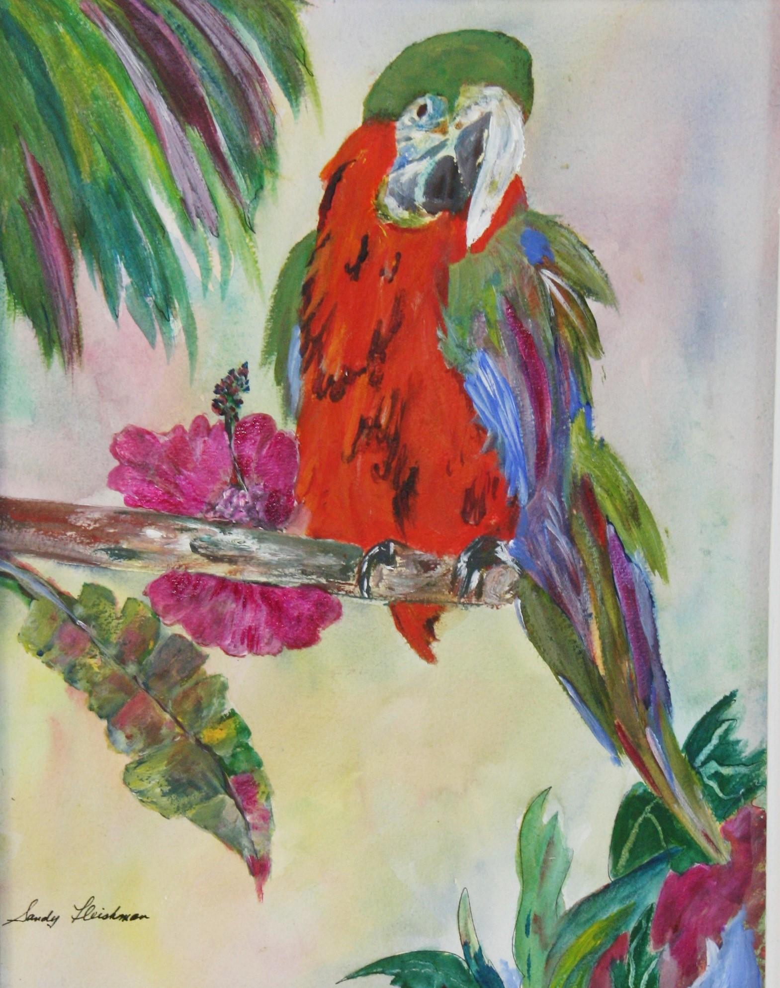 Buntes tropisches Papagei 1970er Jahre (Grau), Animal Painting, von Sandy Fleishman