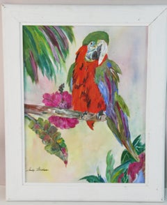 Colorful Tropical Parrot Painting, Acrylic on Canvas, Framed, 1970s