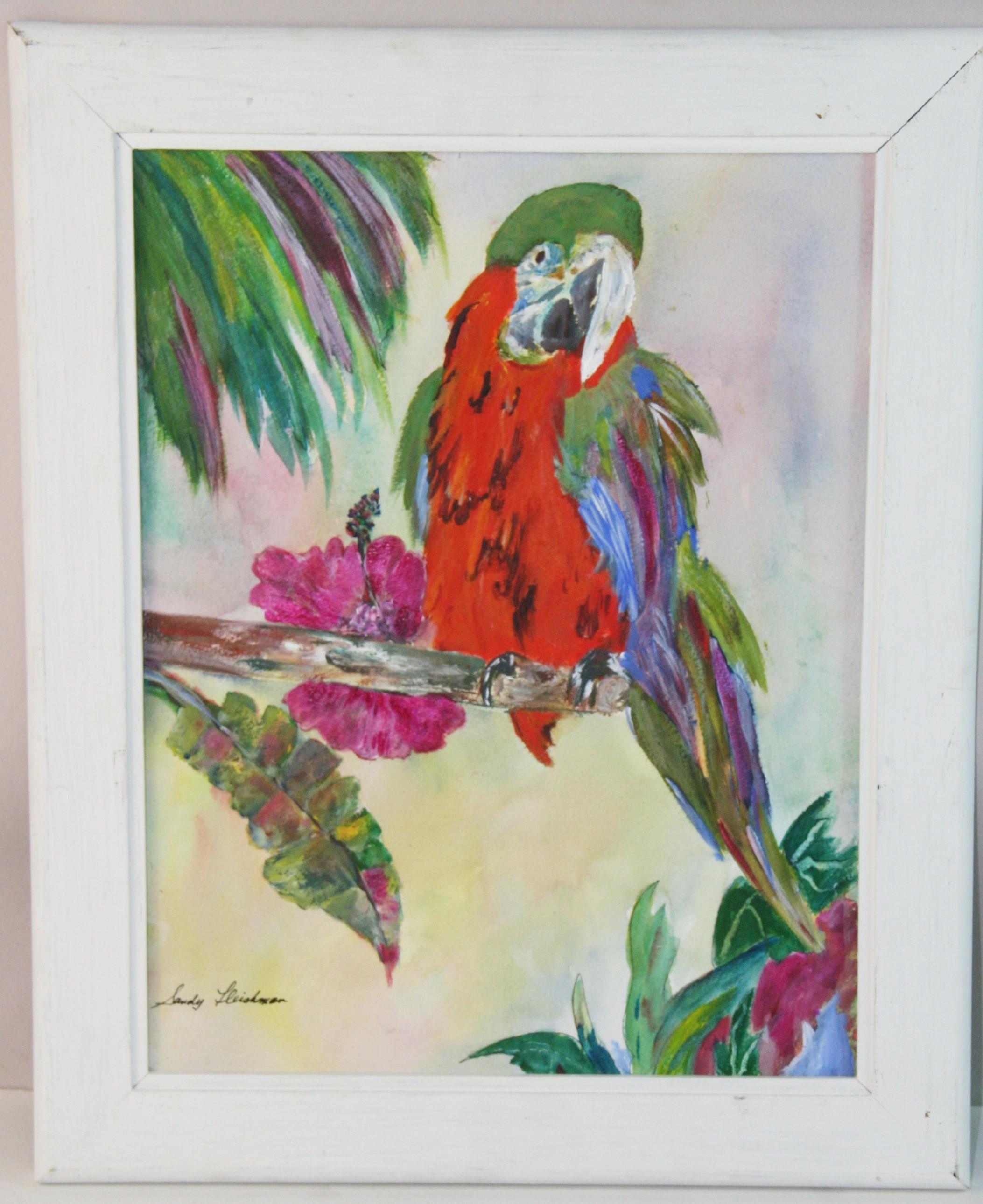 Colorful Tropical Parrot Painting, Acrylic on Canvas, Framed, 1970s
