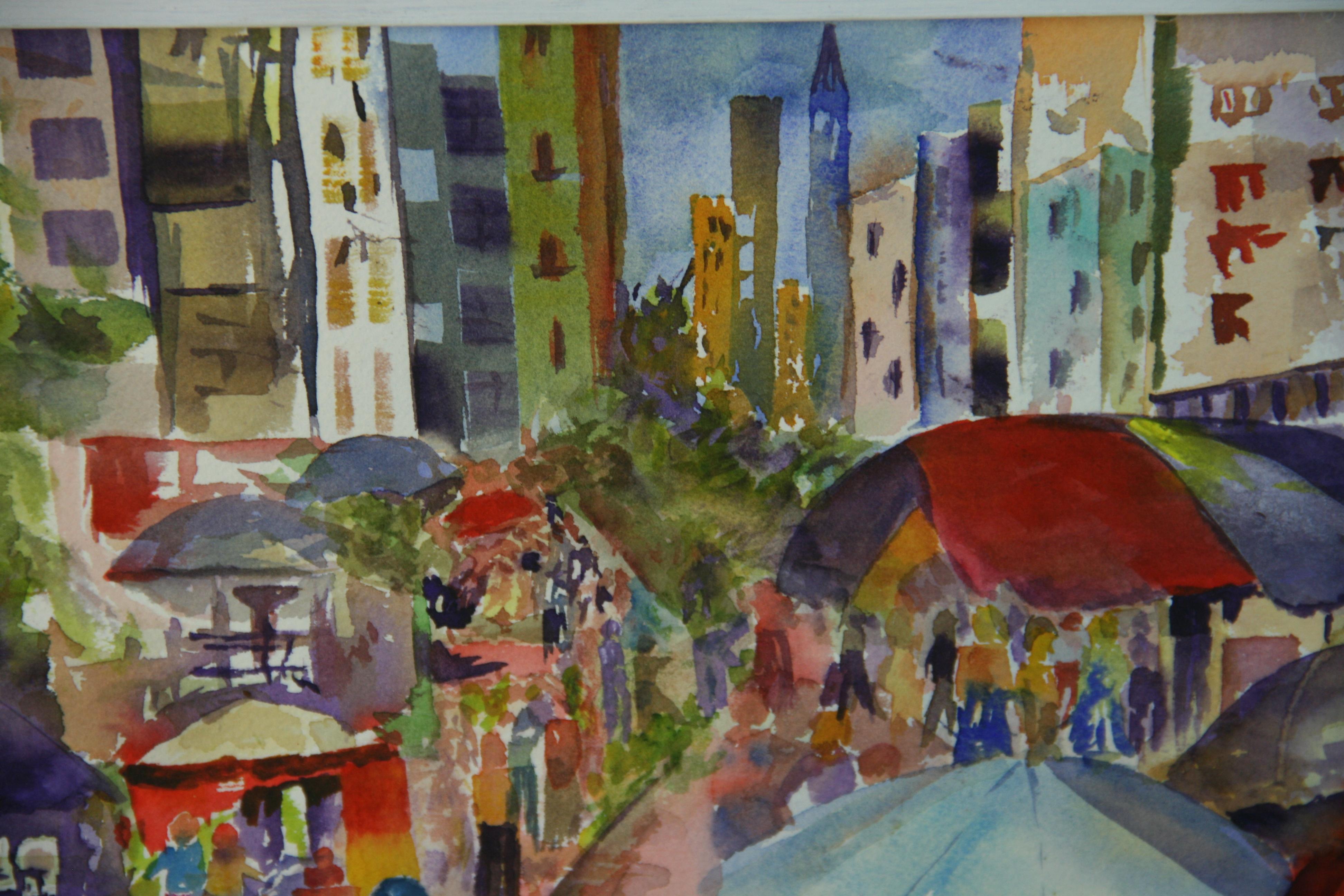 Feria callejera del Bajo Manhattan NYC Pintura acrílica figurativa colorista Años 70 - Painting de Sandy Fleishman