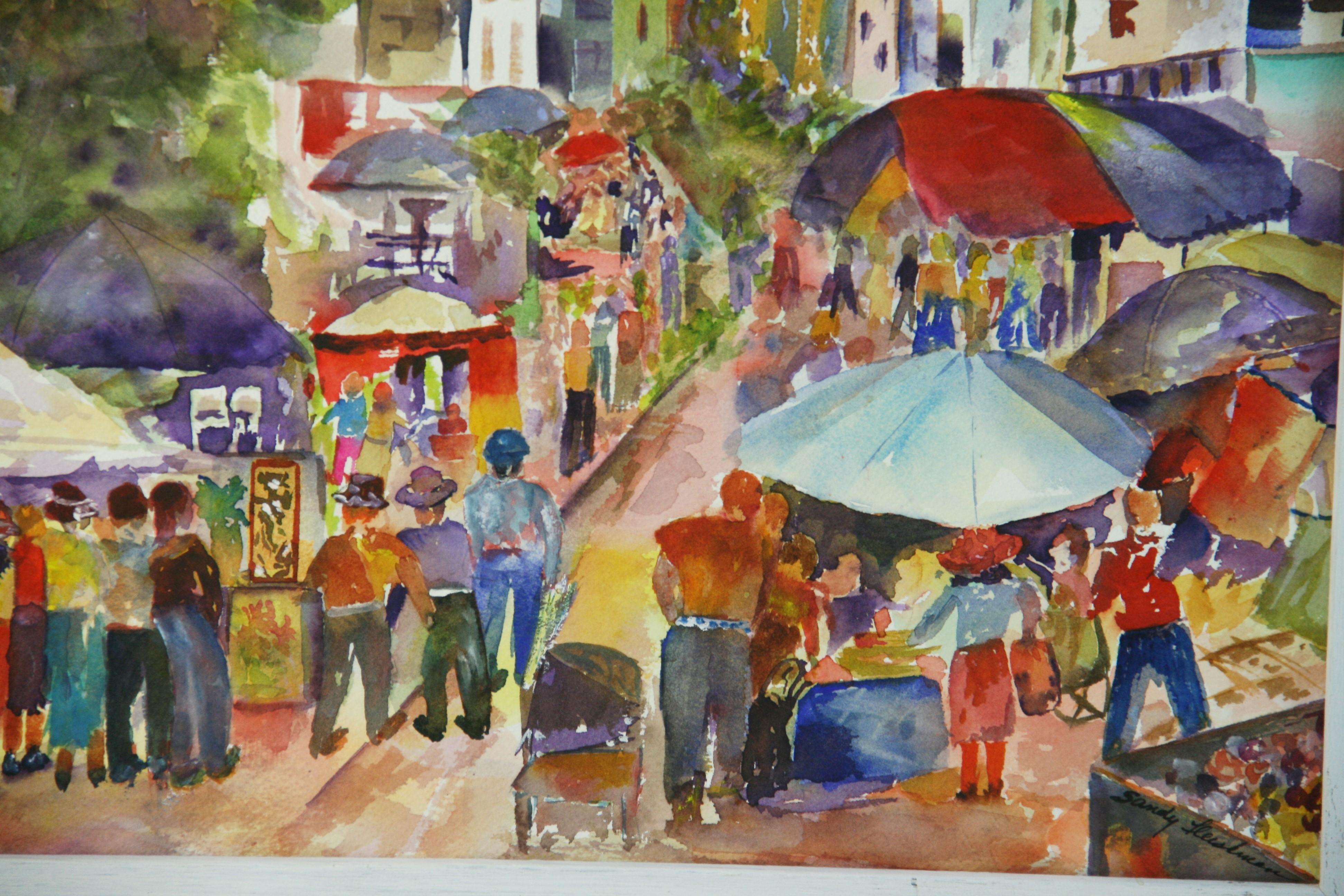 Feria callejera del Bajo Manhattan NYC Pintura acrílica figurativa colorista Años 70 - Figurative Painting Gris de Sandy Fleishman