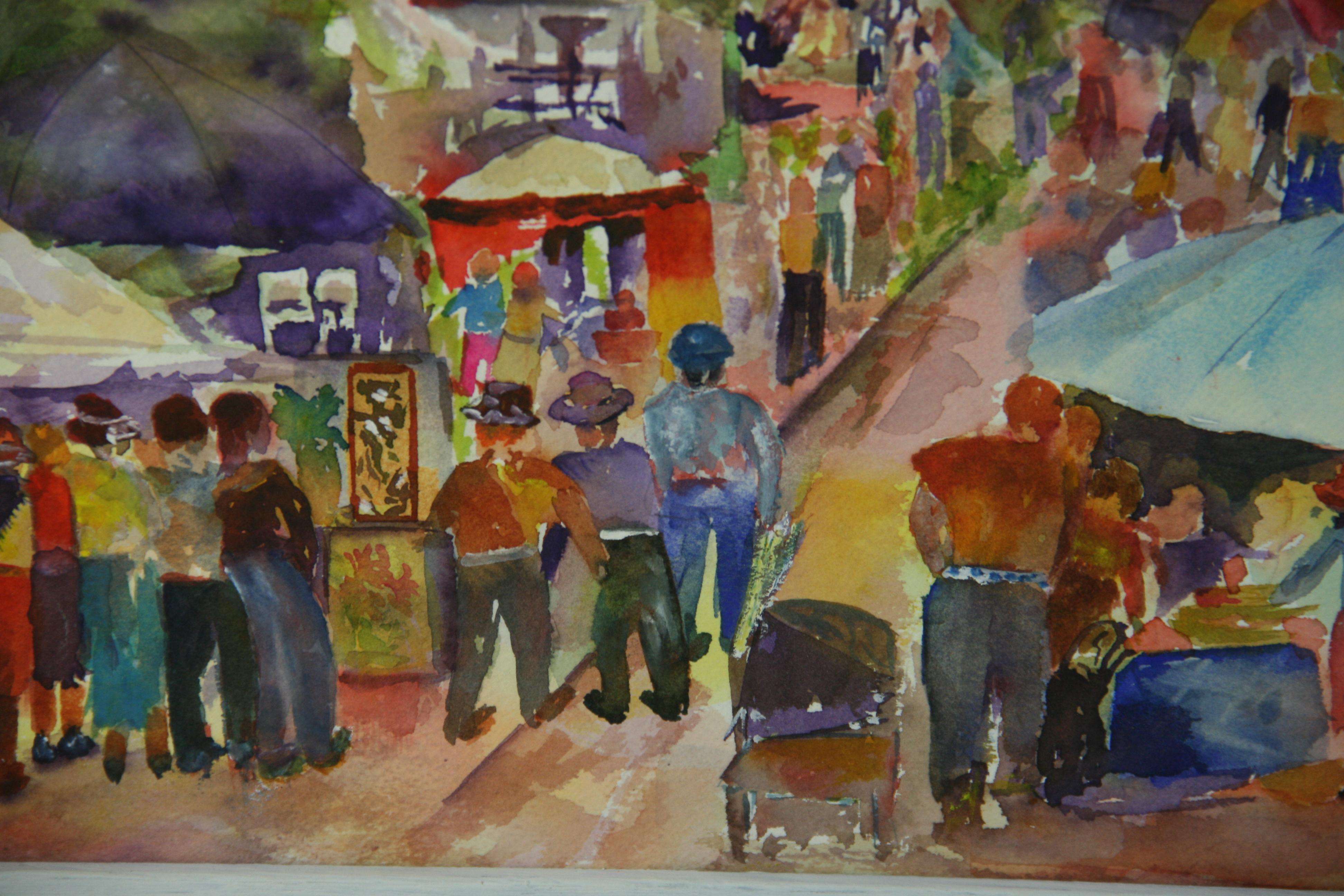 Feria callejera del Bajo Manhattan NYC Pintura acrílica figurativa colorista Años 70 en venta 1