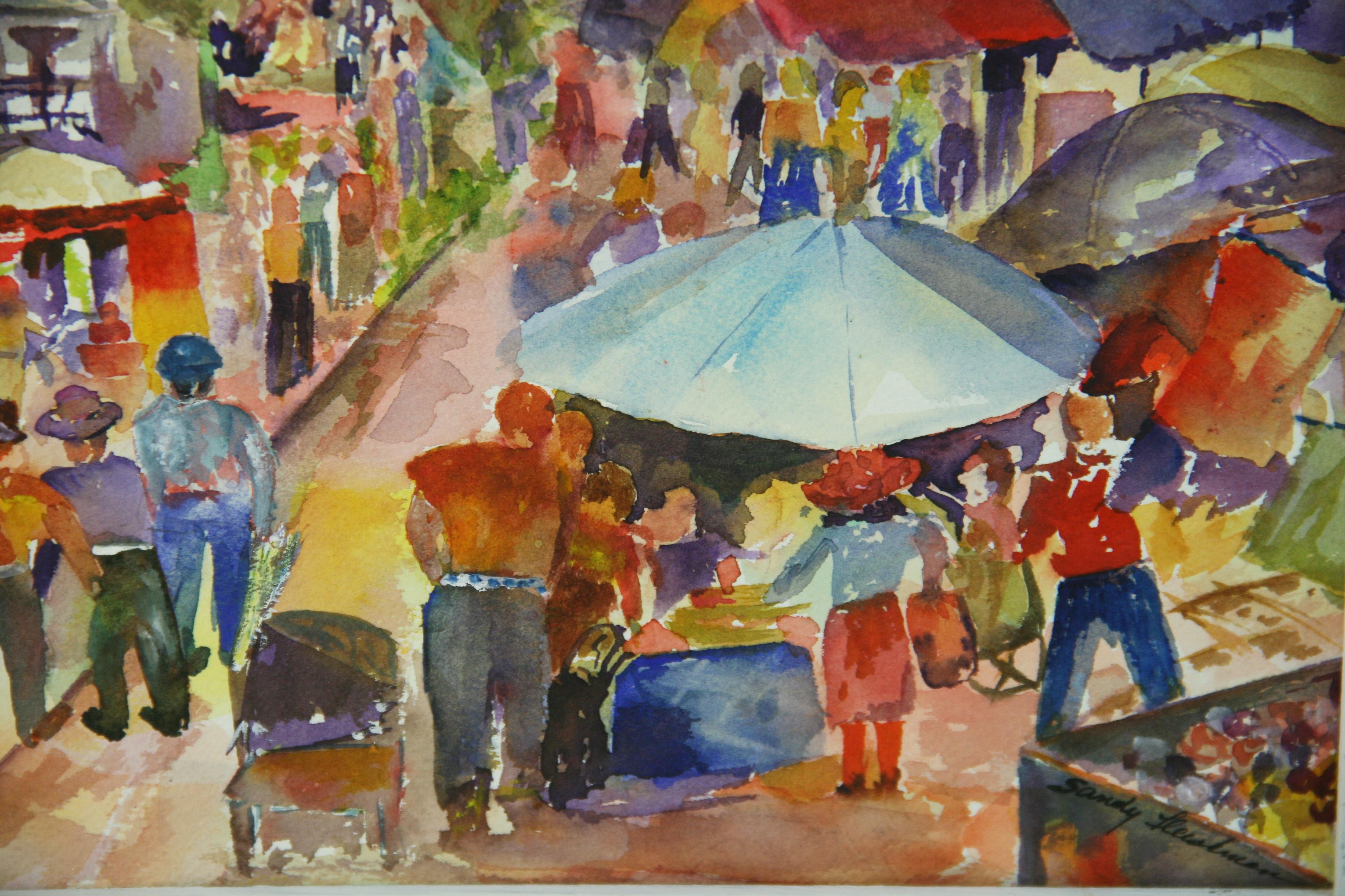 Feria callejera del Bajo Manhattan NYC Pintura acrílica figurativa colorista Años 70 en venta 2