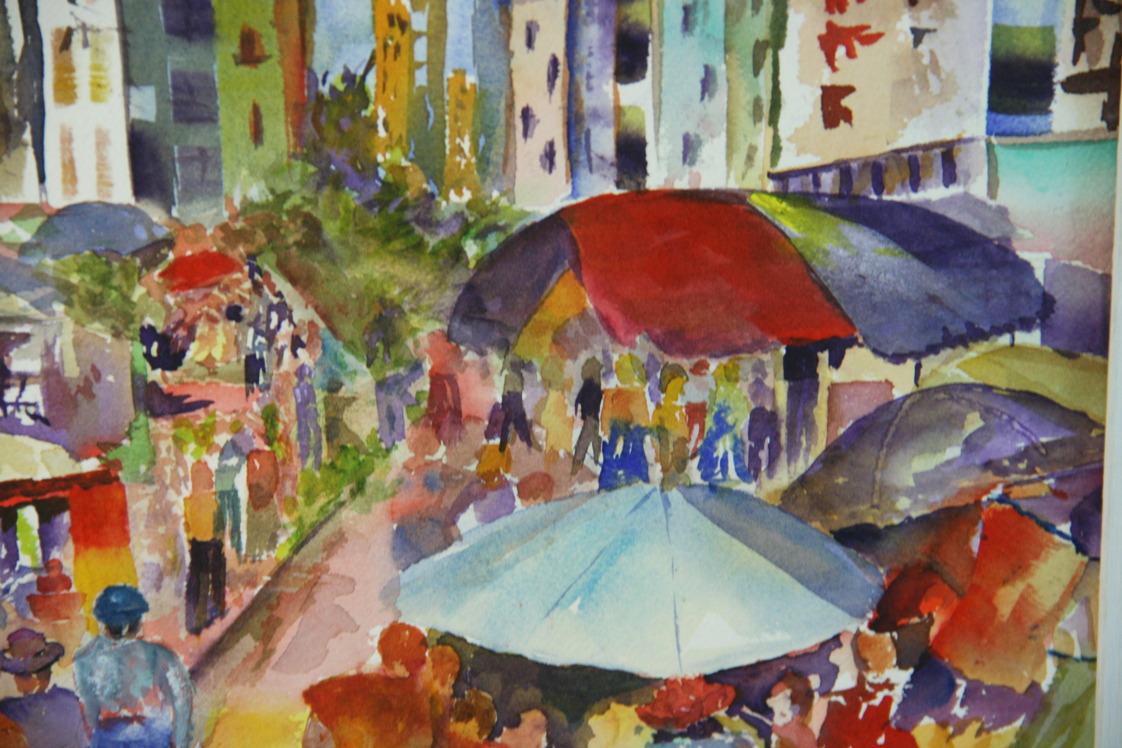 Feria callejera del Bajo Manhattan NYC Pintura acrílica figurativa colorista Años 70 en venta 3