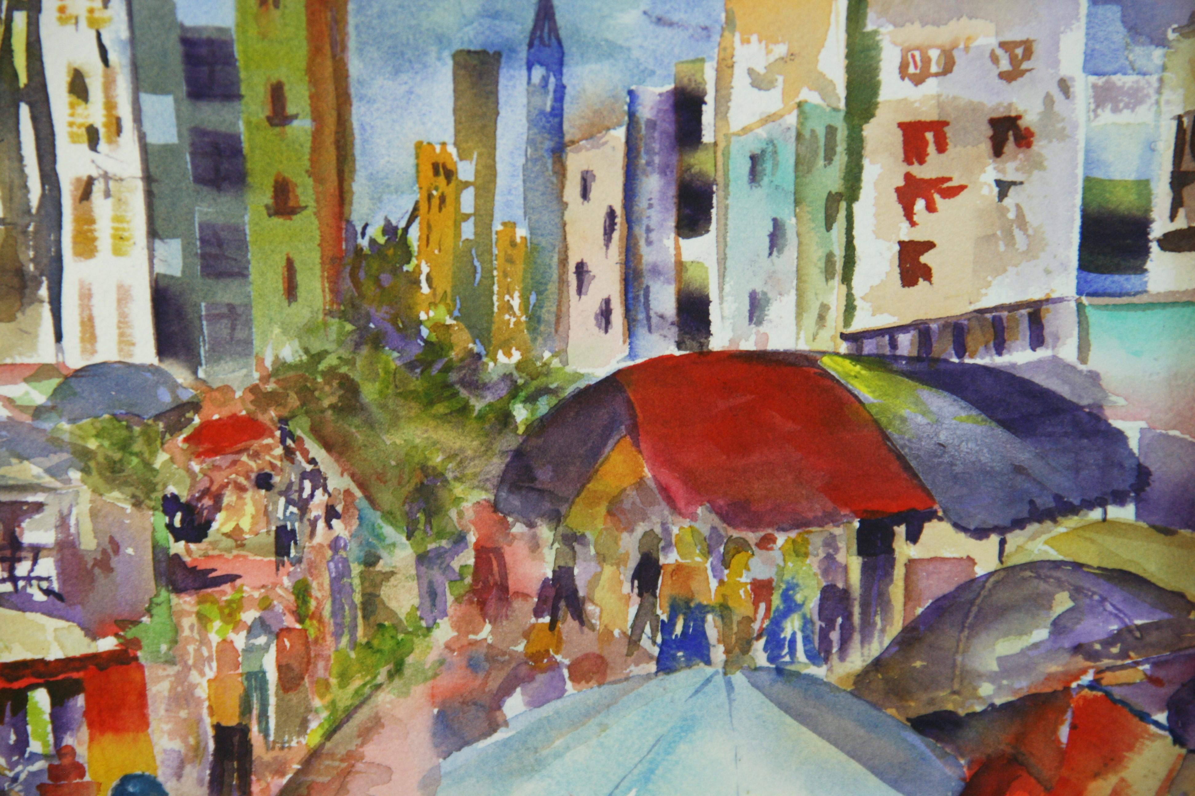 Feria callejera del Bajo Manhattan NYC Pintura acrílica figurativa colorista Años 70 en venta 4
