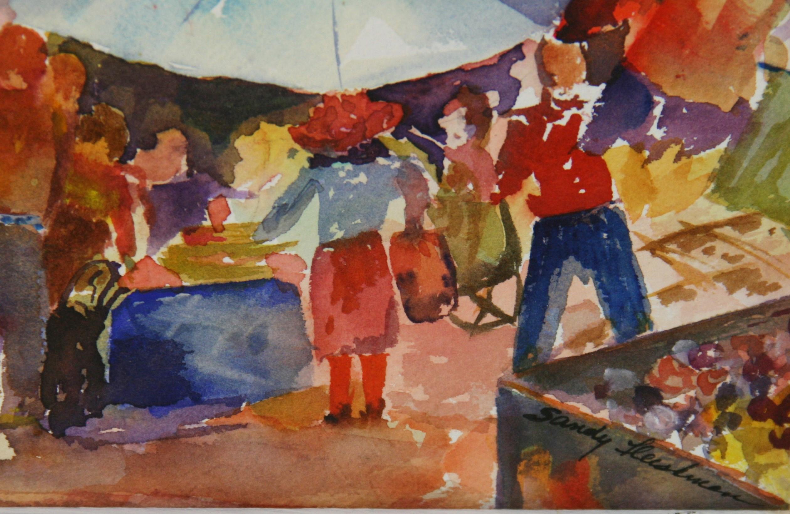 Feria callejera del Bajo Manhattan NYC Pintura acrílica figurativa colorista Años 70 en venta 5