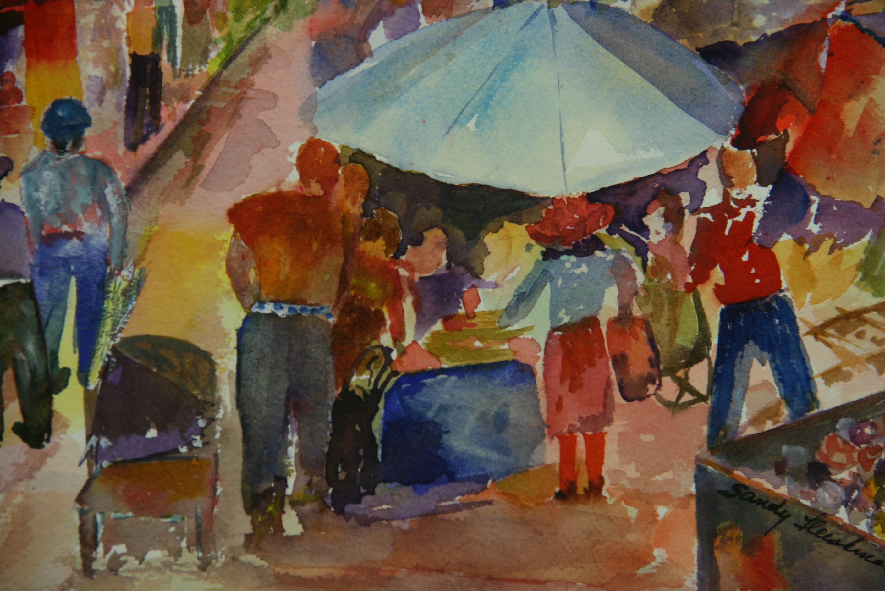 Modern Impressionist Lower Manhattan Street Fair Acrylic On Paper - Painting by Sandy Fleishman