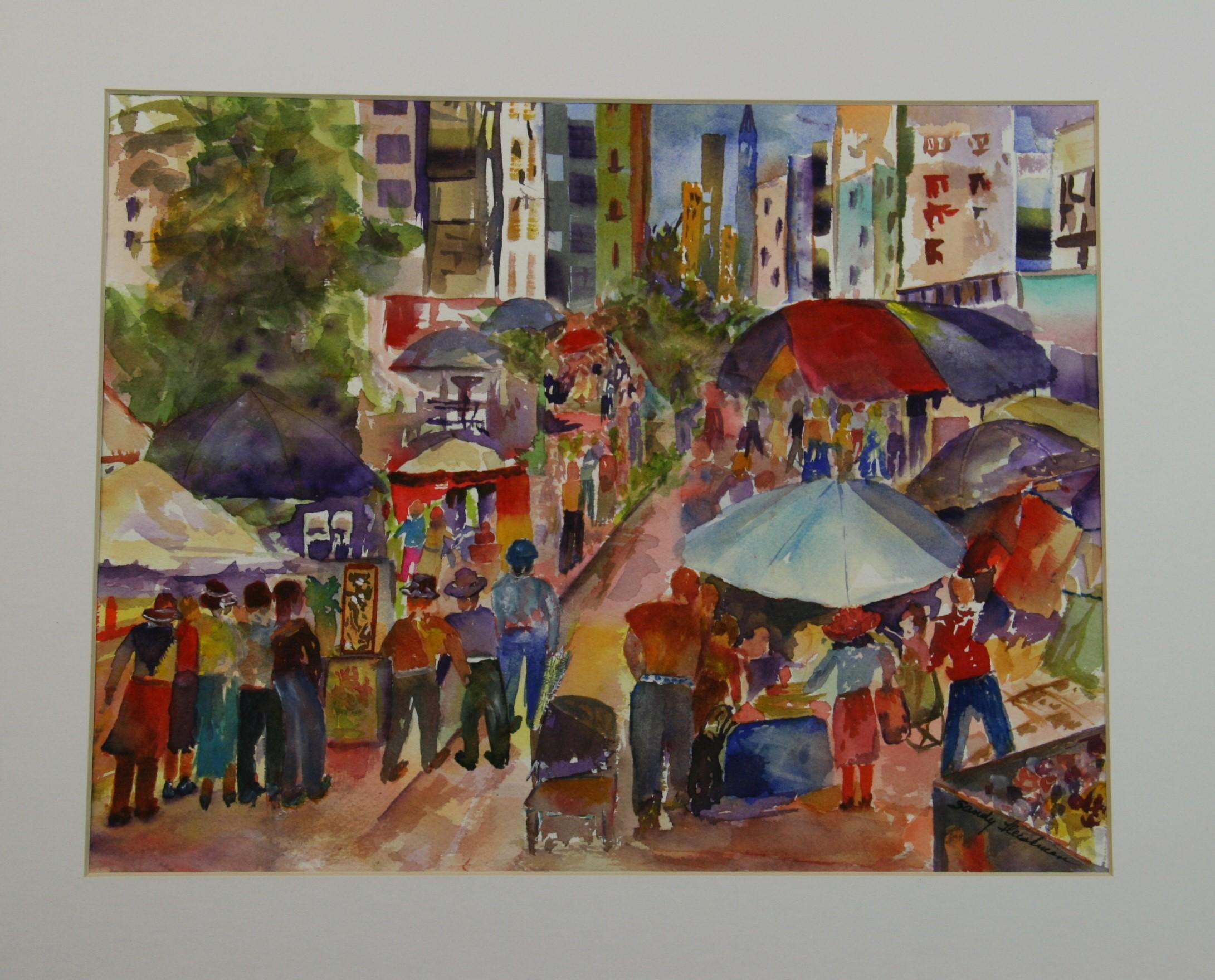 3863 Lower Manhattan street fair acrylic painting on paper in a mat
Image size 10.5x13.56