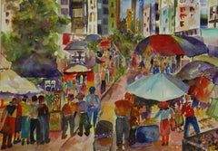 Modern Impressionist Lower Manhattan Street Fair Acrylic On Paper